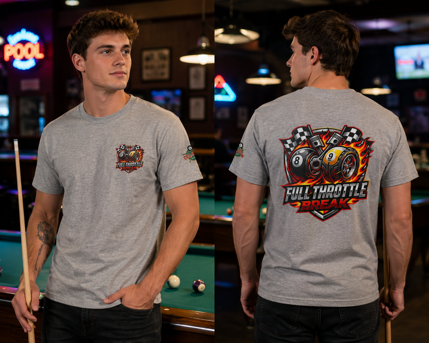 Full Throttle Break Billiards T-Shirt | Racing-Inspired Pool Player Graphic Tee | Cue Crew Supply