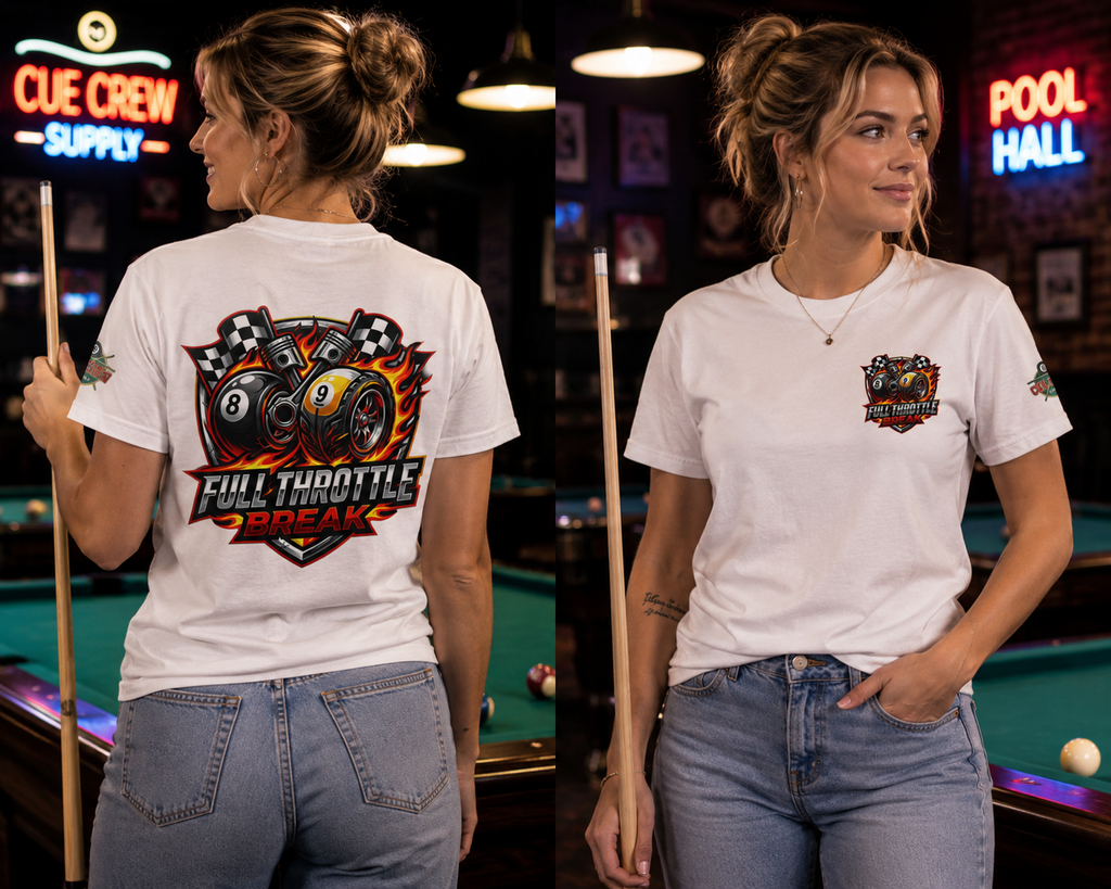 Full Throttle Break Billiards T-Shirt | Racing-Inspired Pool Player Graphic Tee | Cue Crew Supply