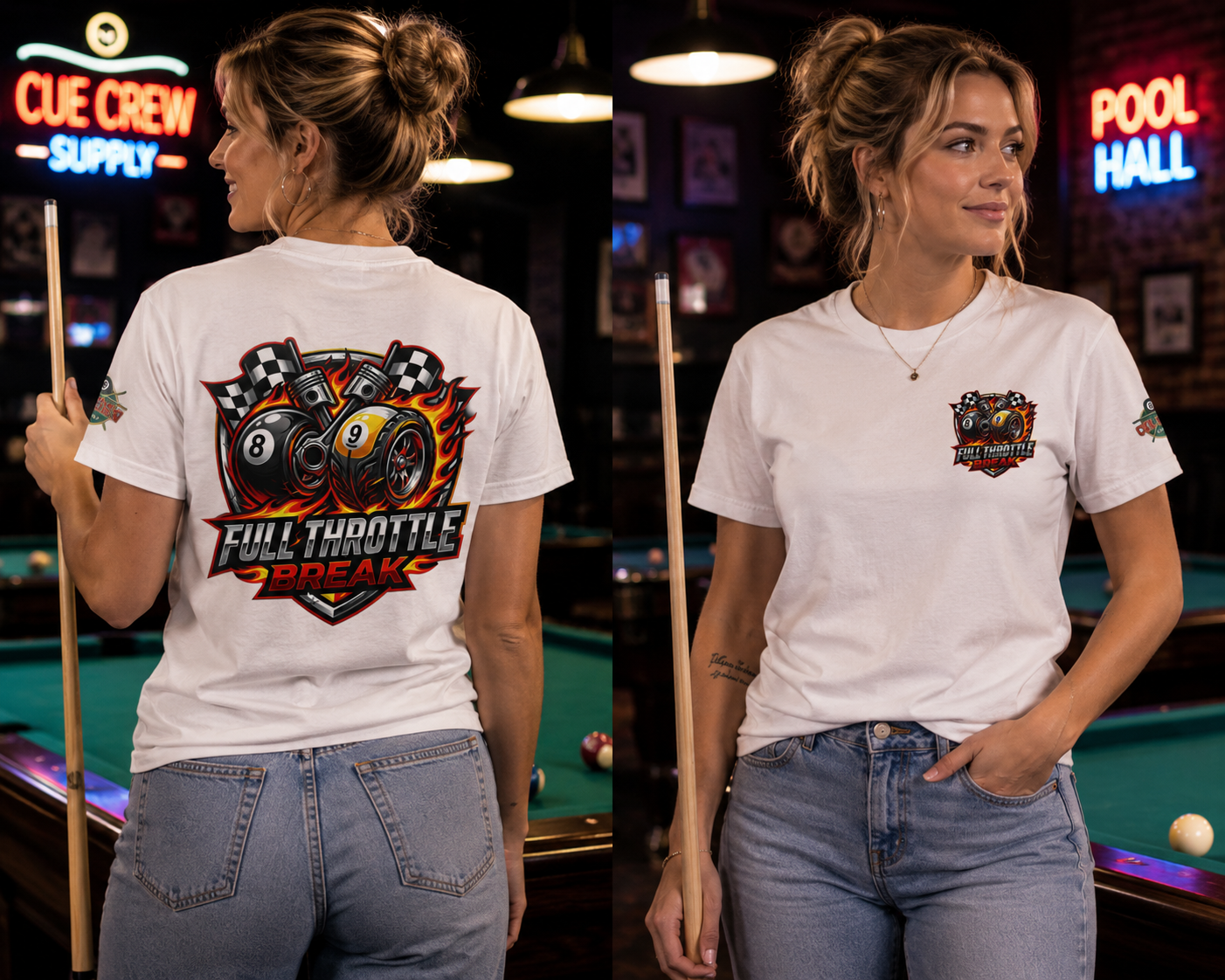 Full Throttle Break Billiards T-Shirt | Racing-Inspired Pool Player Graphic Tee | Cue Crew Supply
