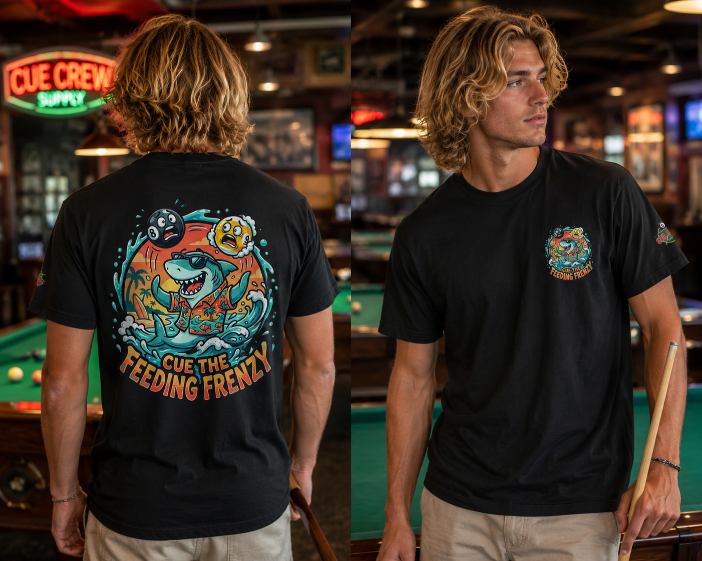 Cue the Feeding Frenzy Shark Billiards T-Shirt | Funny Pool Player Beach Graphic Tee