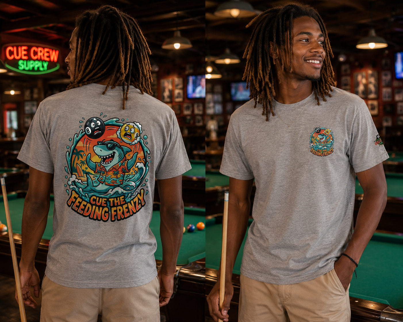 Cue the Feeding Frenzy Shark Billiards T-Shirt | Funny Pool Player Beach Graphic Tee