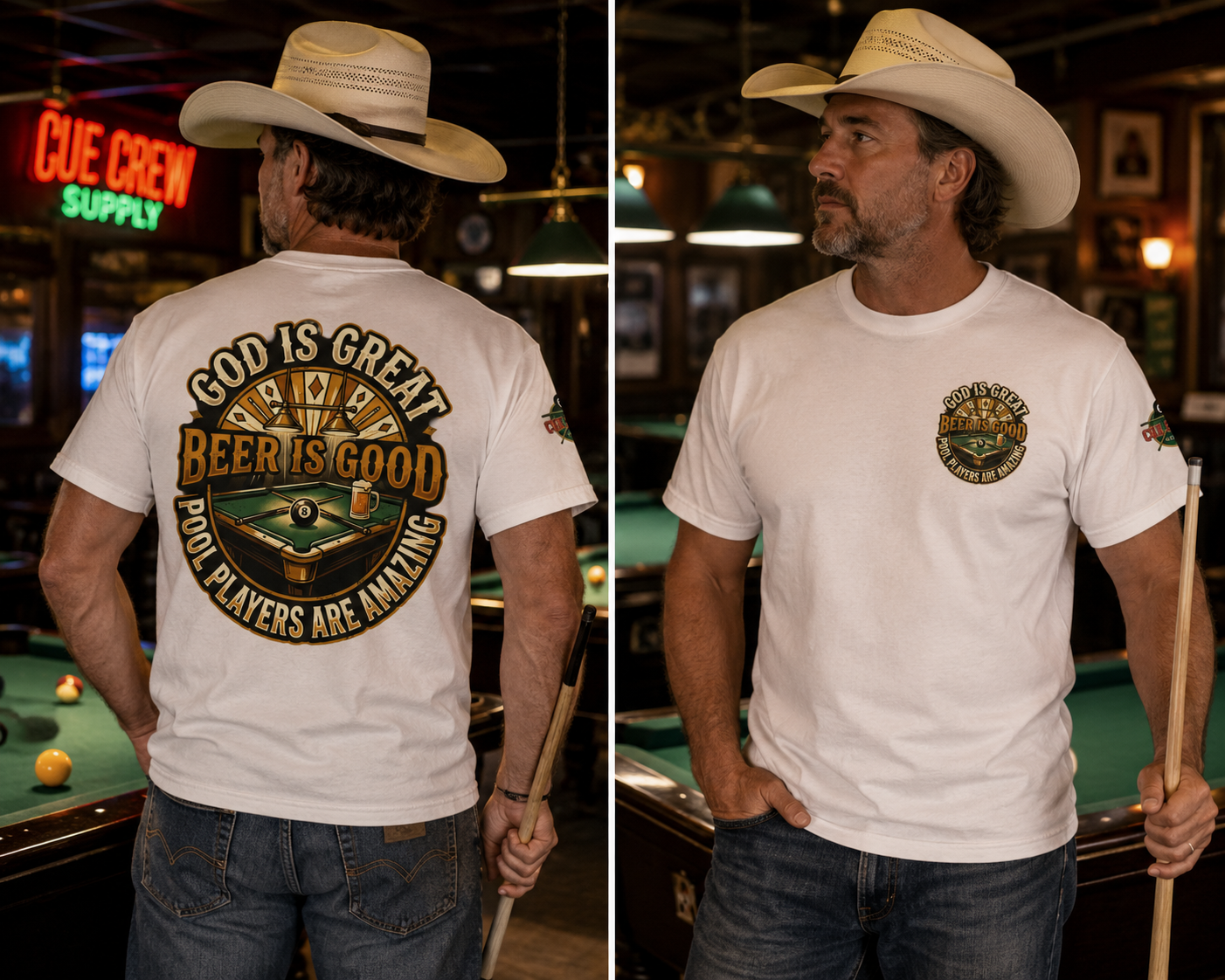 God Is Great, Beer Is Good, Pool Players Are Amazing Billiards T-Shirt | Funny Pool Hall Graphic Tee | Cue Crew Supply