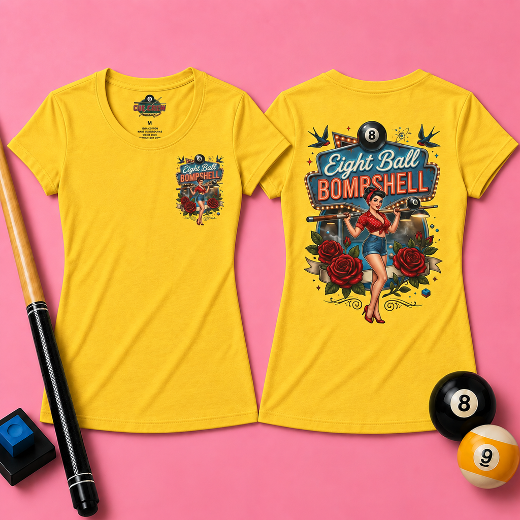 Eight Ball Bombshell V2 Women's Billiards T-Shirt | Retro Pin-Up Pool Player Graphic Tee | Front & Back Print