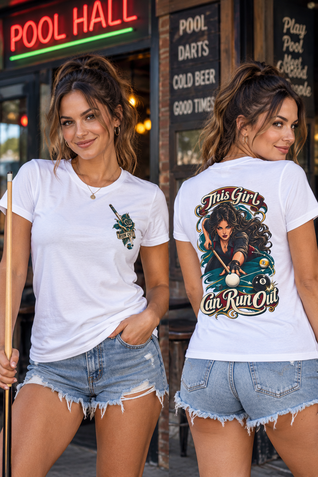 This Girl Can Run Out – Women’s Billiards T-Shirt – Front & Back Pool Tee