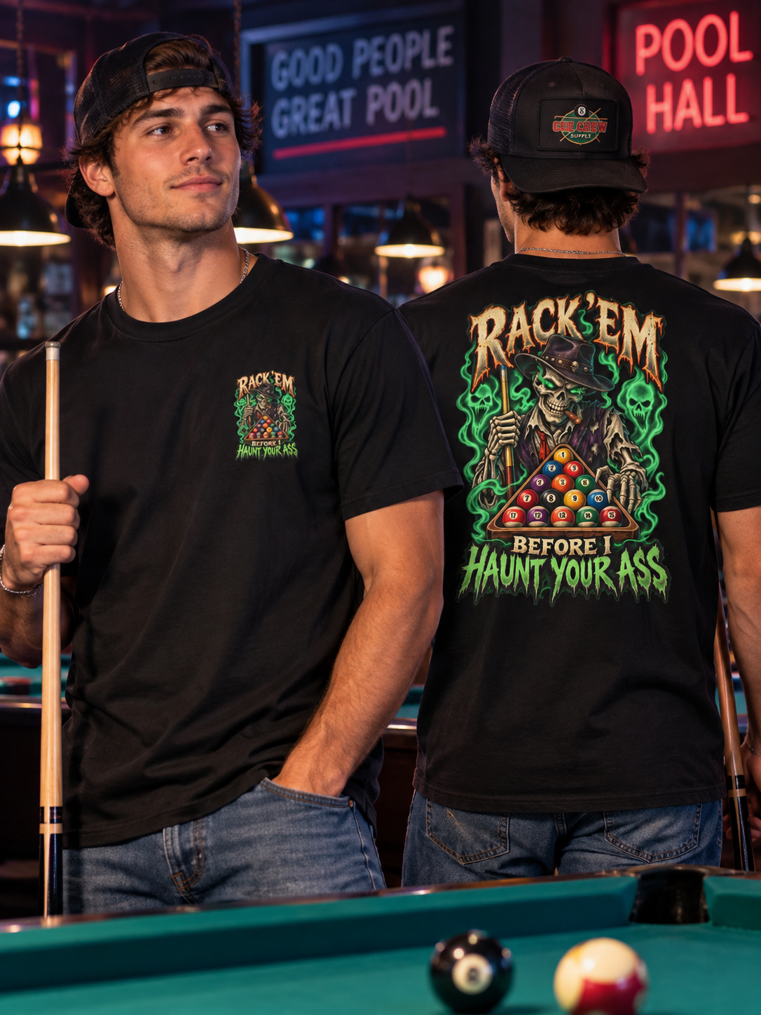 Rack ’Em Before I Haunt Your Ass – Halloween Billiards T-Shirt – Skeleton Pool Player Tee
