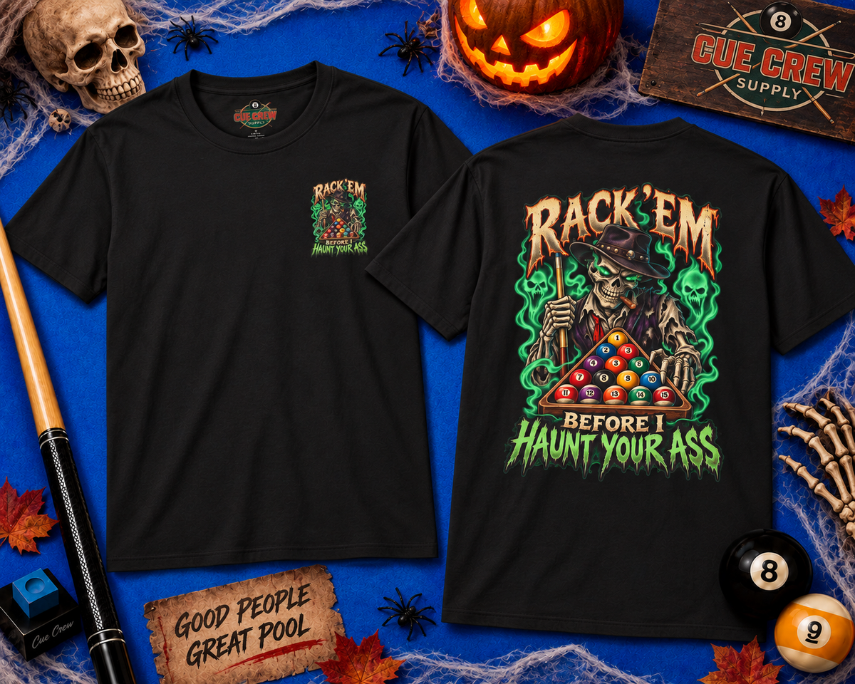 Rack ’Em Before I Haunt Your Ass – Halloween Billiards T-Shirt – Skeleton Pool Player Tee