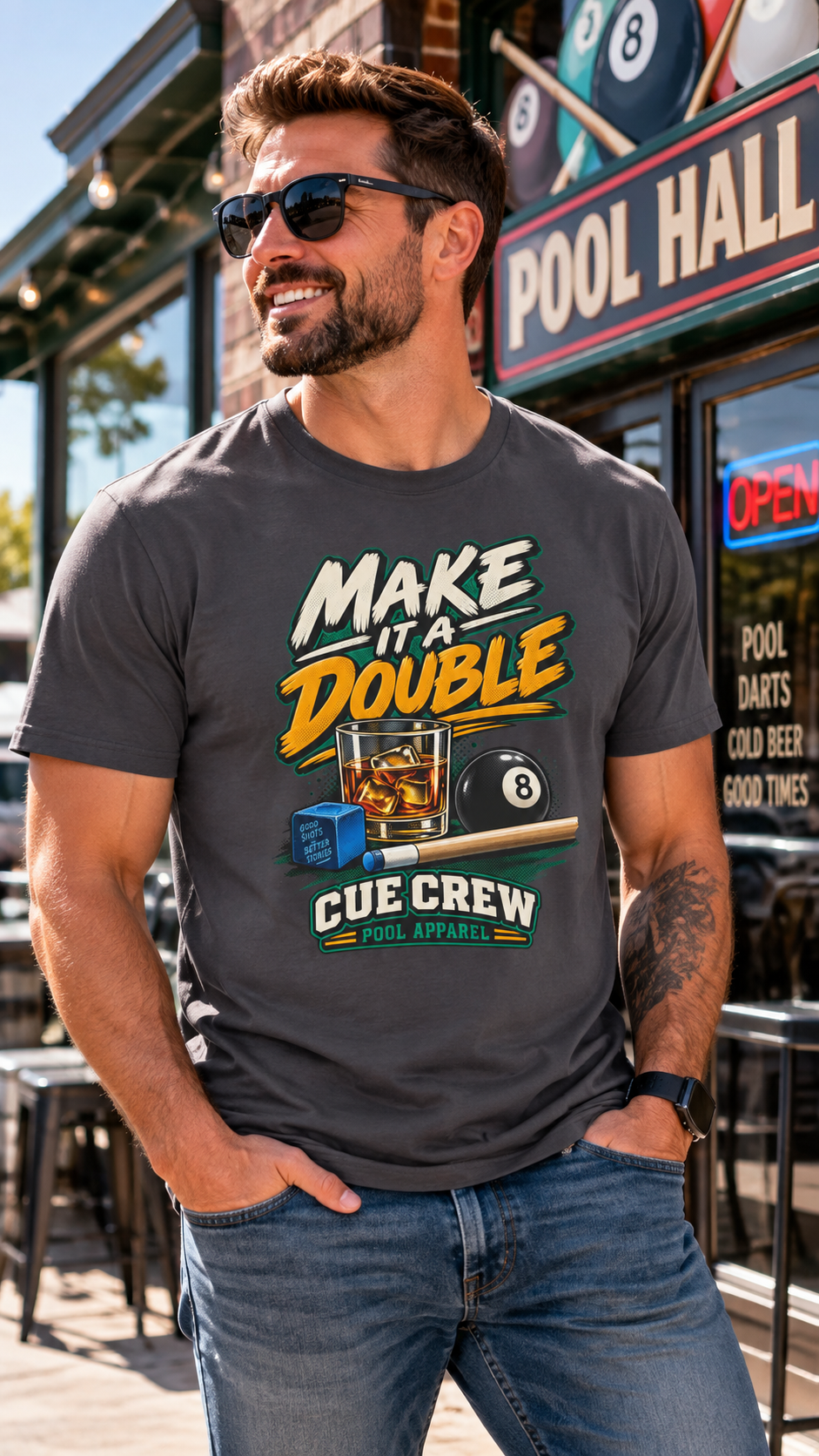 Make It A Double – Funny Billiards T-Shirt – Cue Crew Essentials CCS-EST-001