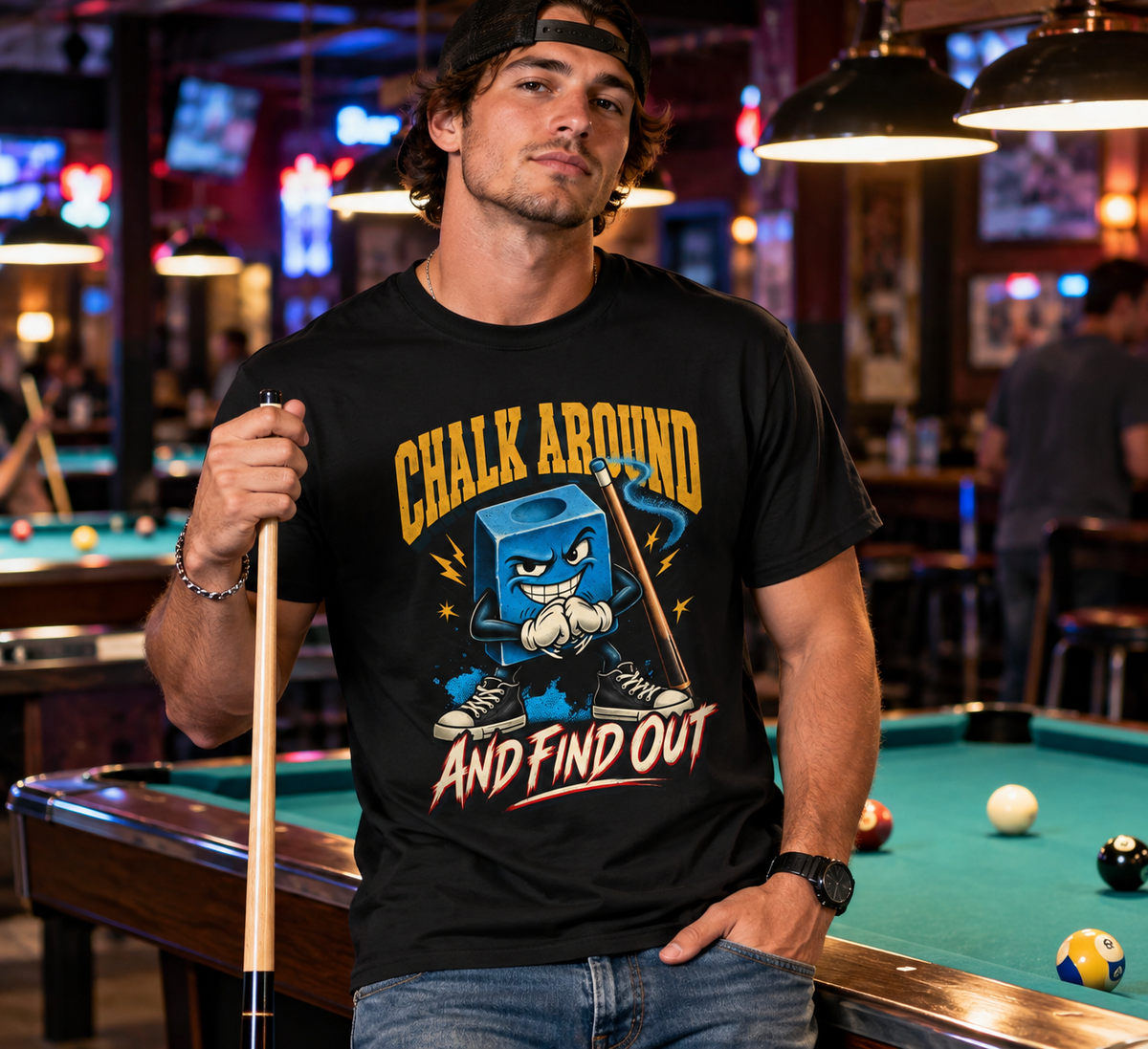 Chalk Around And Find Out – Funny Billiards T-Shirt – Cue Crew Essentials CCS-EST-003