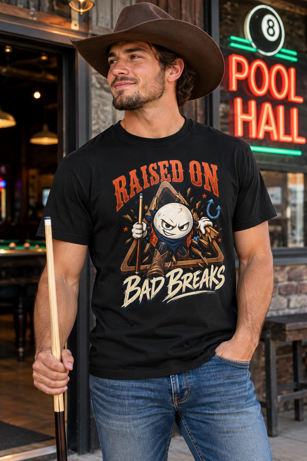 Raised on Bad Breaks – Funny Billiards T-Shirt – Pool Player Tee – CCS-EST-004