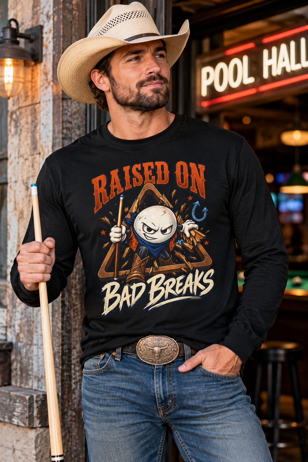 Raised on Bad Breaks – Funny Billiards Long Sleeve T-Shirt – Cue Crew Essentials CCS-ELST-004