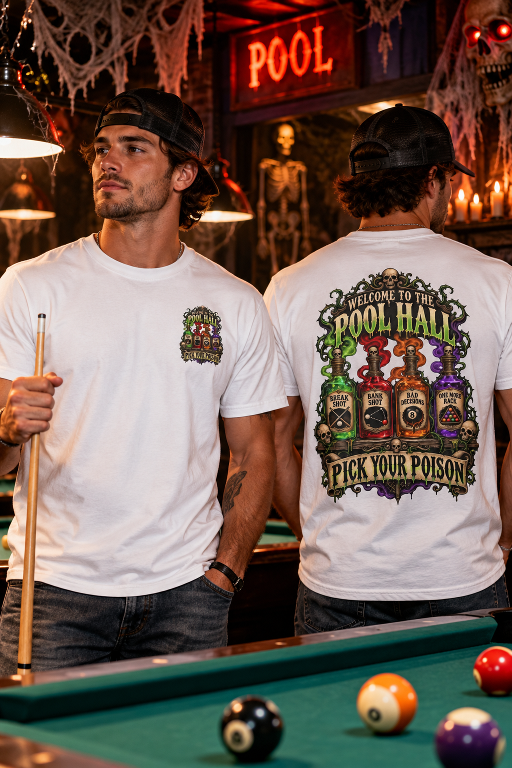 Pick Your Poison – Halloween Billiards T-Shirt – Front & Back Pool Tee | CCS-HST-003