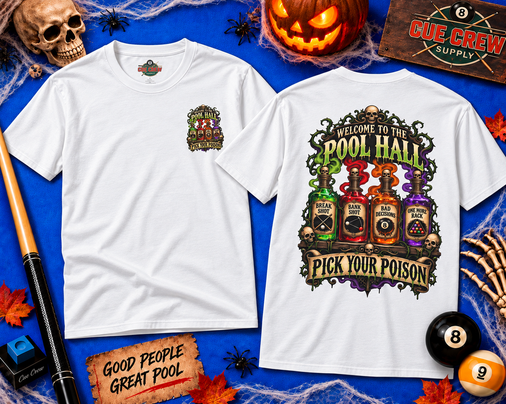 Pick Your Poison – Halloween Billiards T-Shirt – Front & Back Pool Tee | CCS-HST-003