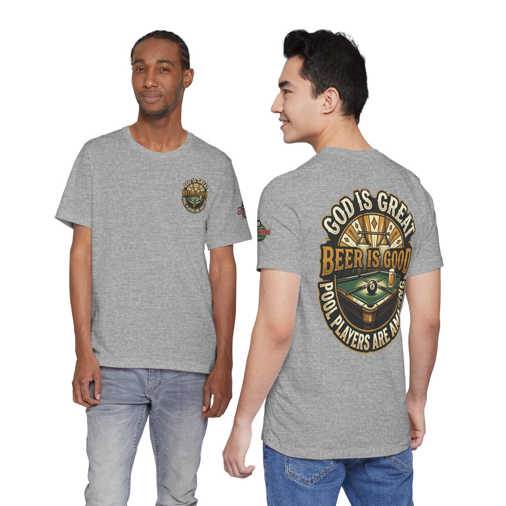 God Is Great, Beer Is Good, Pool Players Are Amazing Billiards T-Shirt | Funny Pool Hall Graphic Tee | Cue Crew Supply