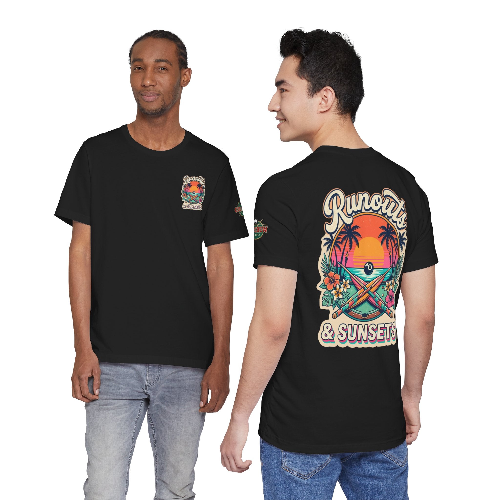 Runouts & Sunsets Pool Player T-Shirt – Tropical Billiards Graphic Tee with Front & Back Print | Cue Crew Supply