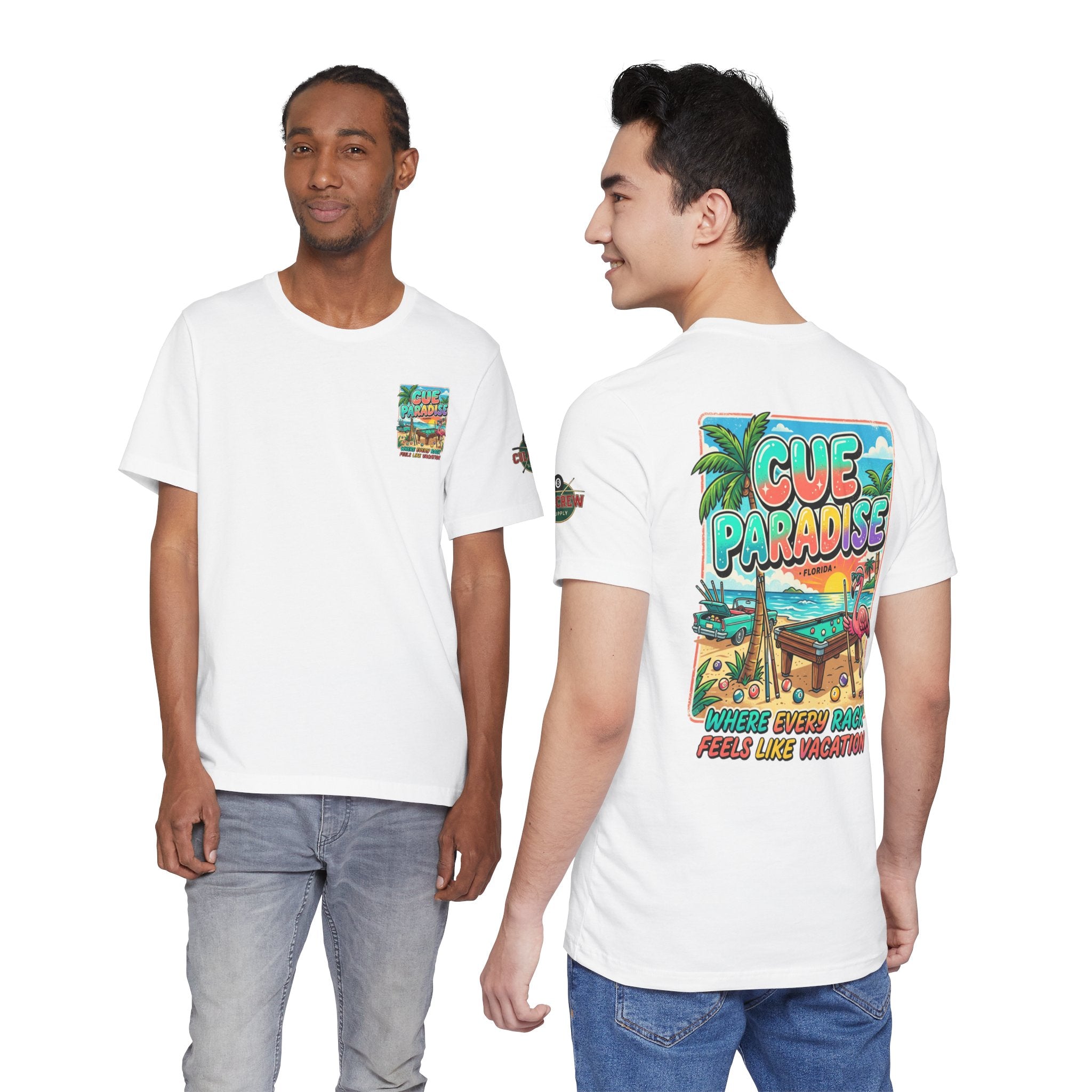 Cue Paradise Florida Pool Player T-Shirt | Tropical Beach Billiards Graphic Tee | Front & Back Print | Cue Crew Supply