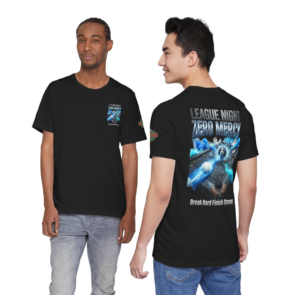 League Night Zero Mercy Pool Player T-Shirt | Funny Billiards League Tee | Front & Back Graphic | Cue Crew Supply