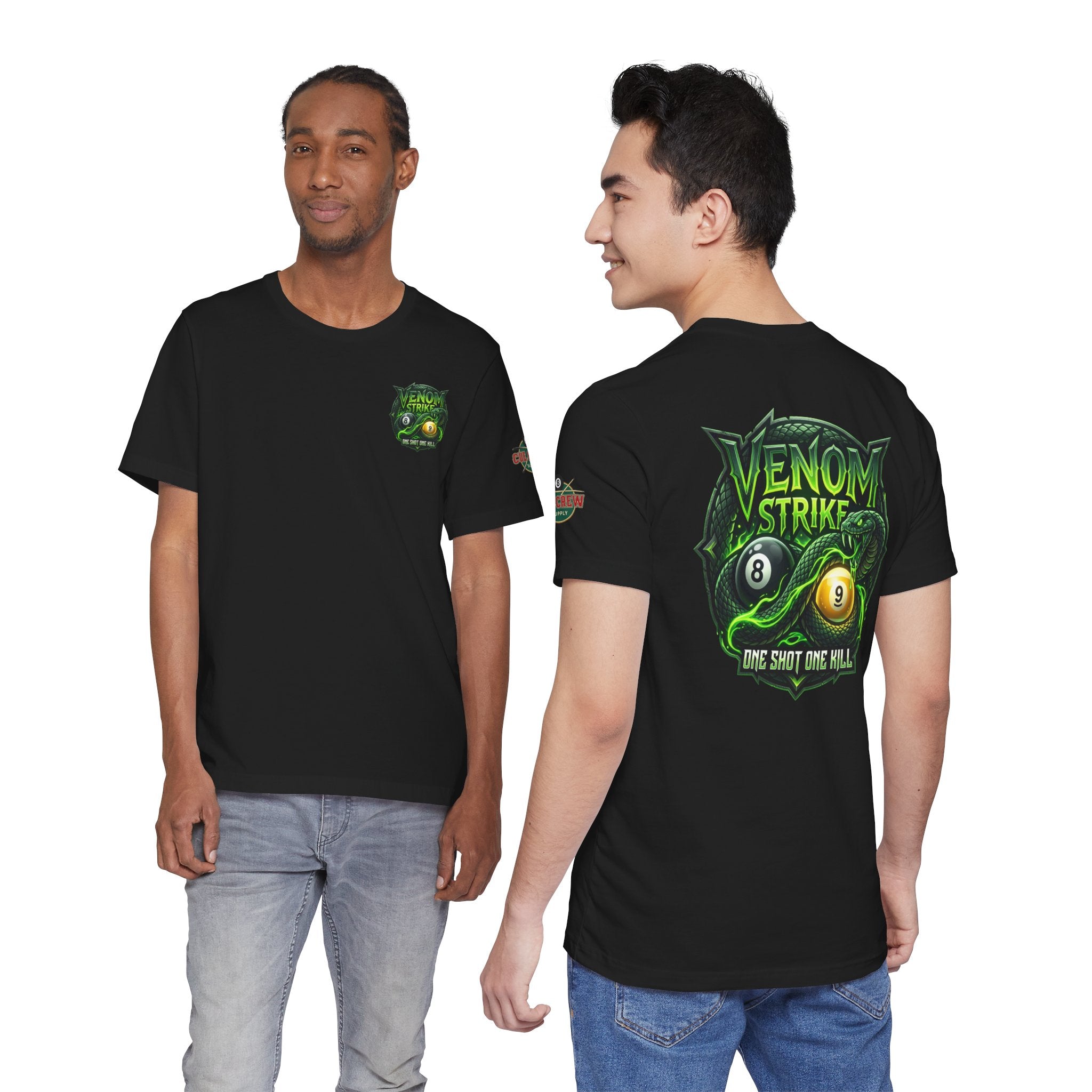 Venom Strike Pool Player T-Shirt | Snake 8 Ball & 9 Ball Billiards Graphic Tee | Front & Back Print | Cue Crew Supply