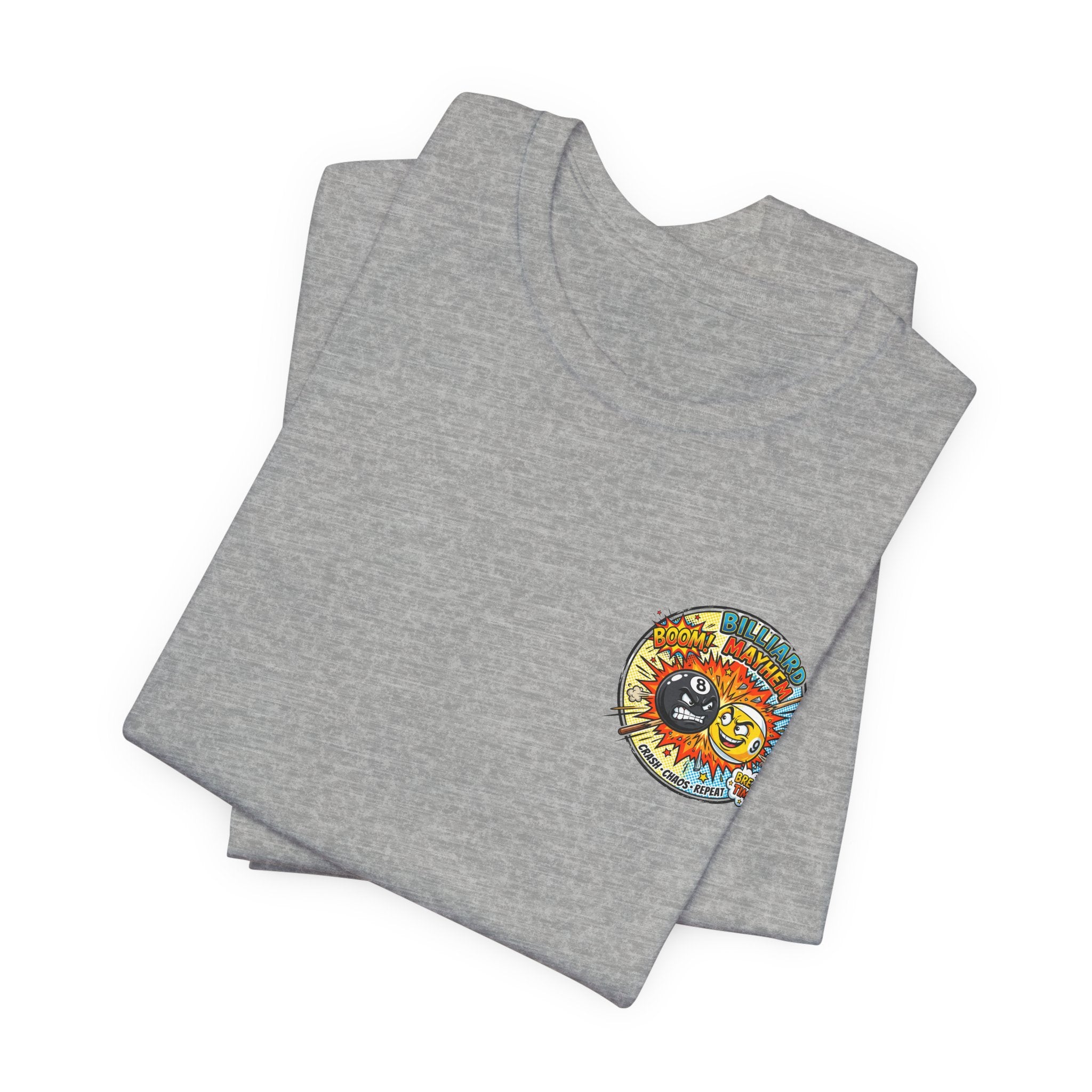 Billiard Mayhem Pool T-Shirt – Comic Style 8 Ball vs 9 Ball Graphic Tee | Cue Crew Supply