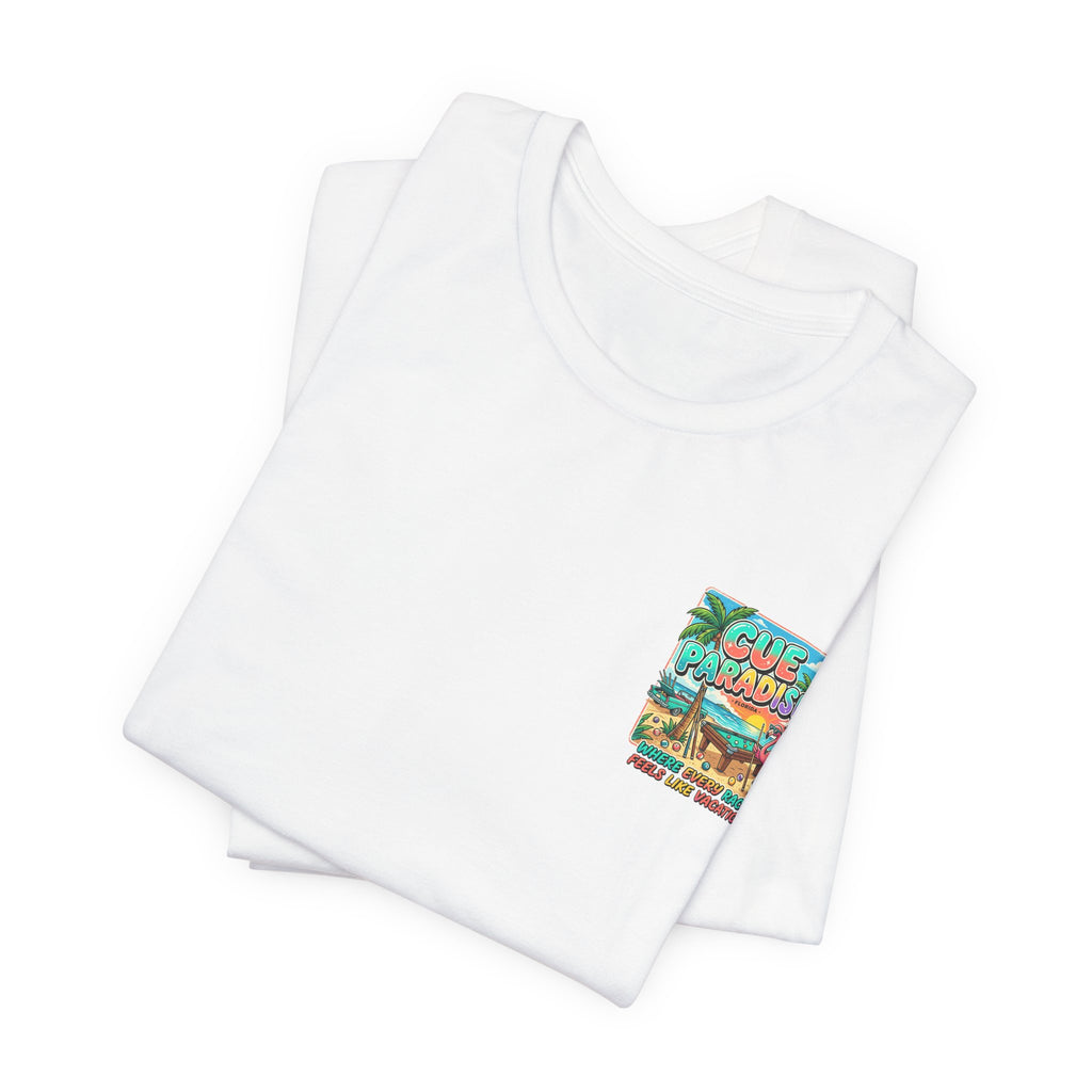 Cue Paradise Florida Pool Player T-Shirt | Tropical Beach Billiards Graphic Tee | Front & Back Print | Cue Crew Supply