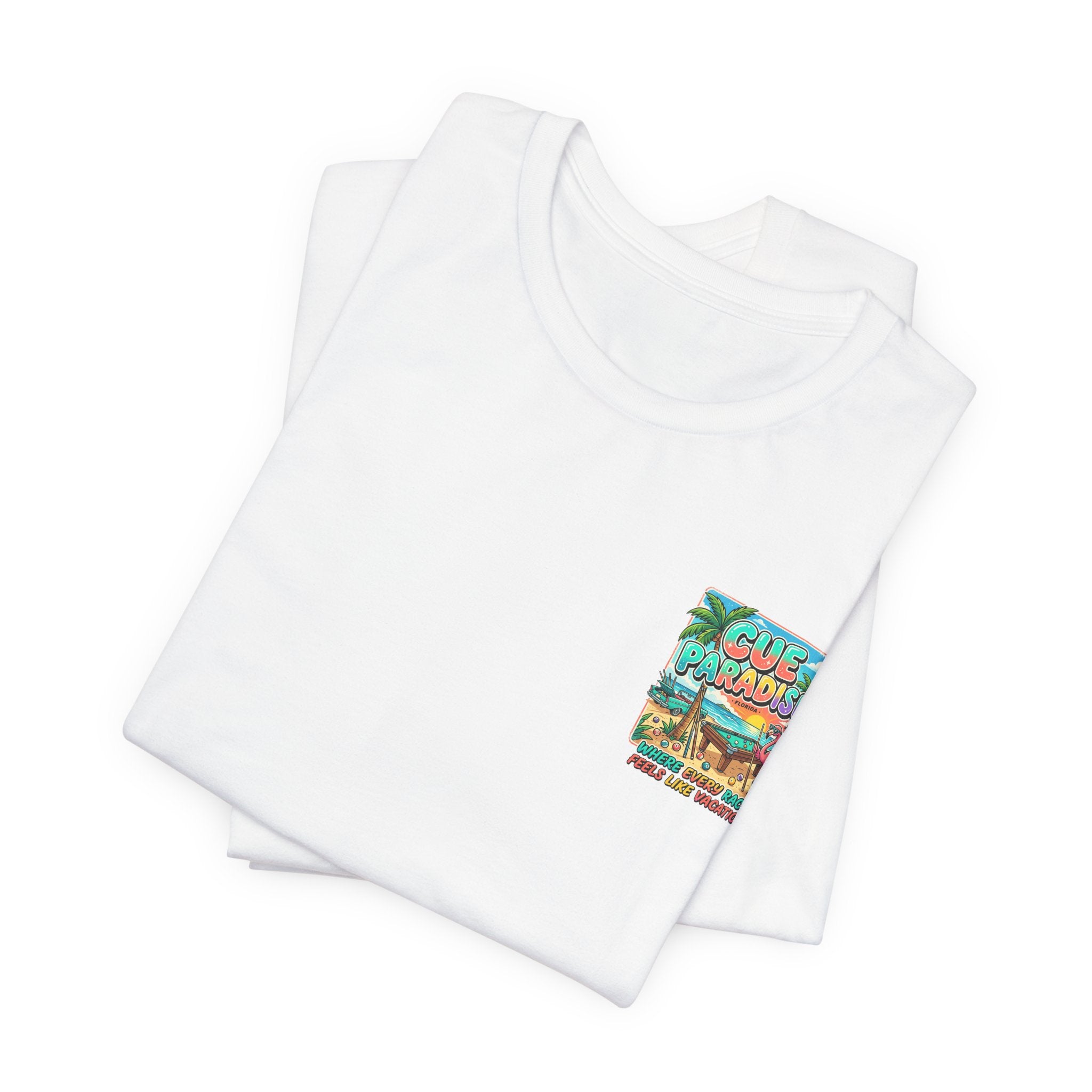 Cue Paradise Florida Pool Player T-Shirt | Tropical Beach Billiards Graphic Tee | Front & Back Print | Cue Crew Supply