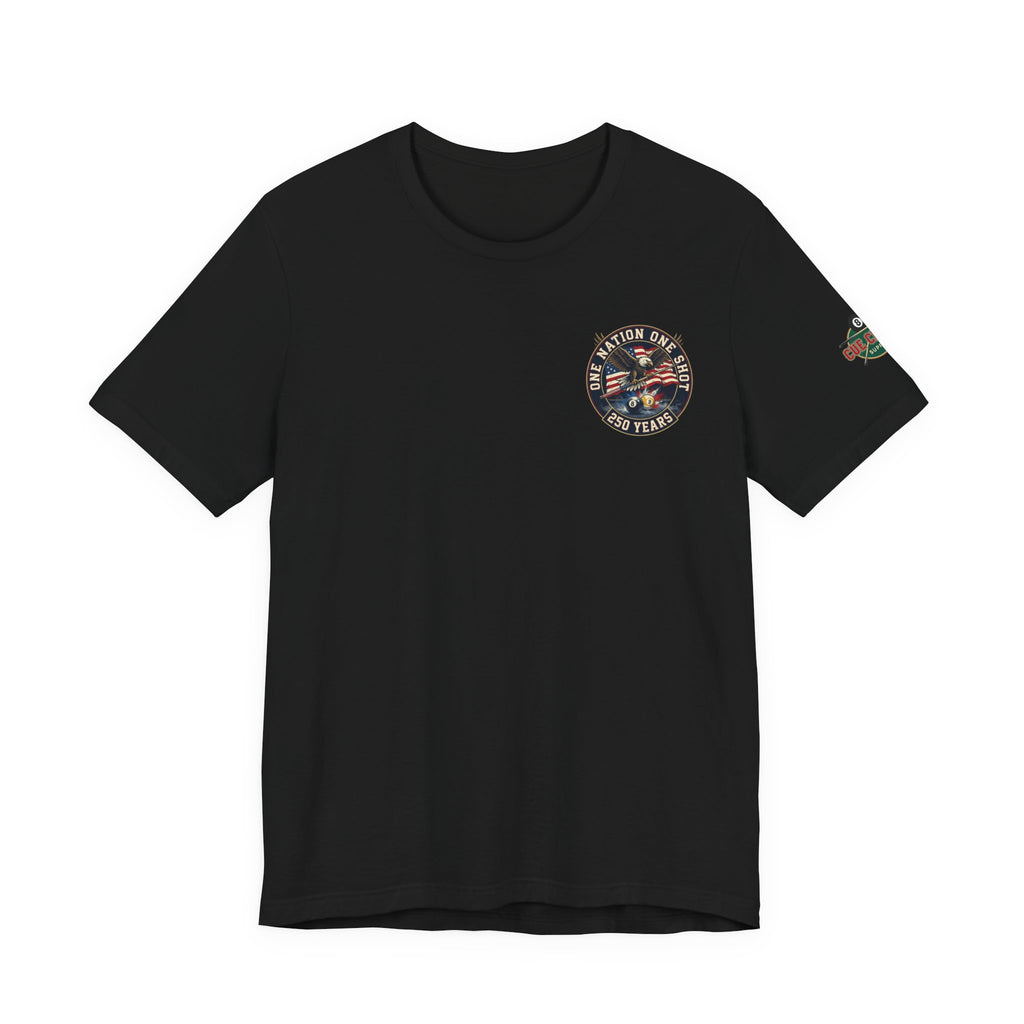 One Nation One Shot – 250 Years Patriotic Billiards T-Shirt | Eagle & American Flag Pool Tee