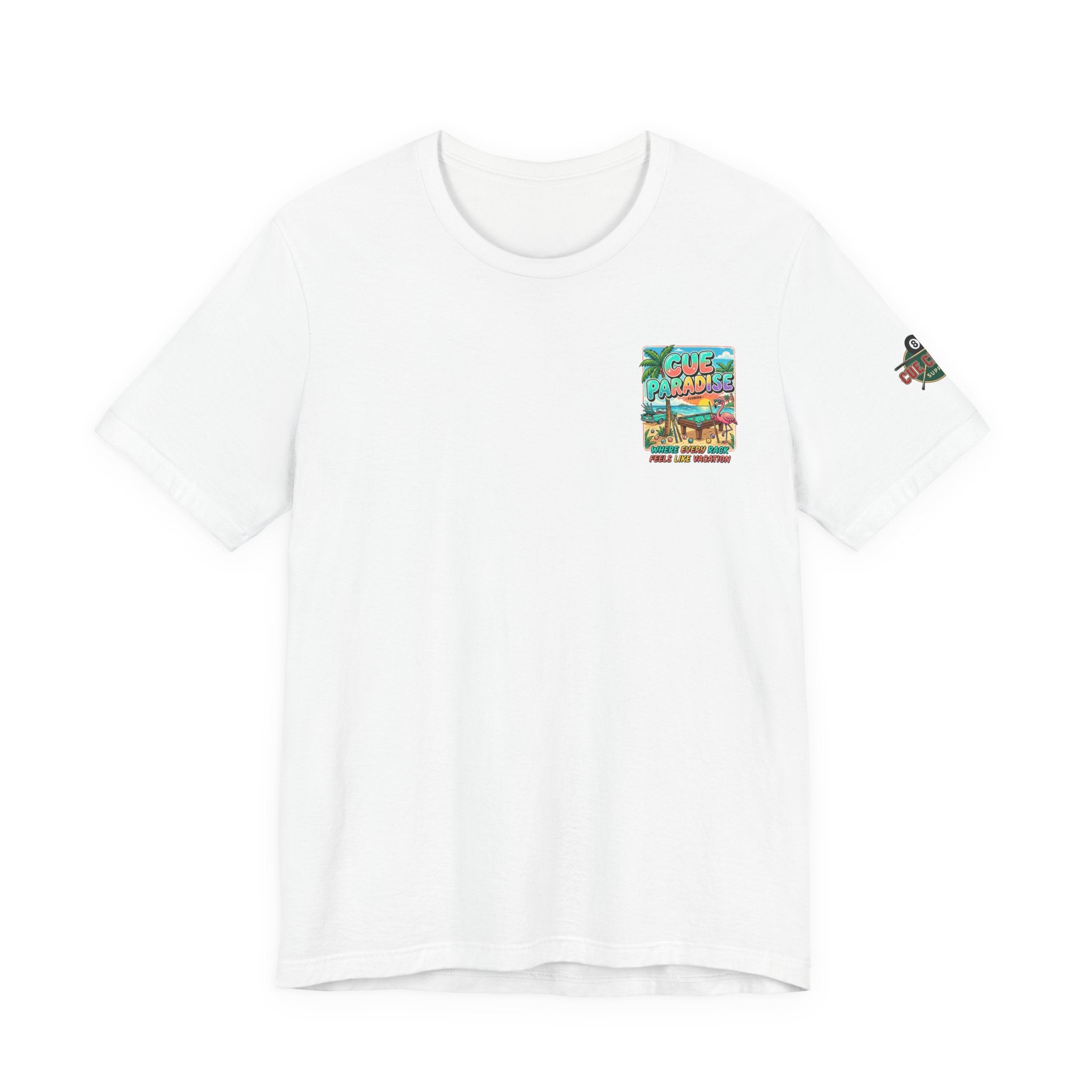 Cue Paradise Florida Pool Player T-Shirt | Tropical Beach Billiards Graphic Tee | Front & Back Print | Cue Crew Supply