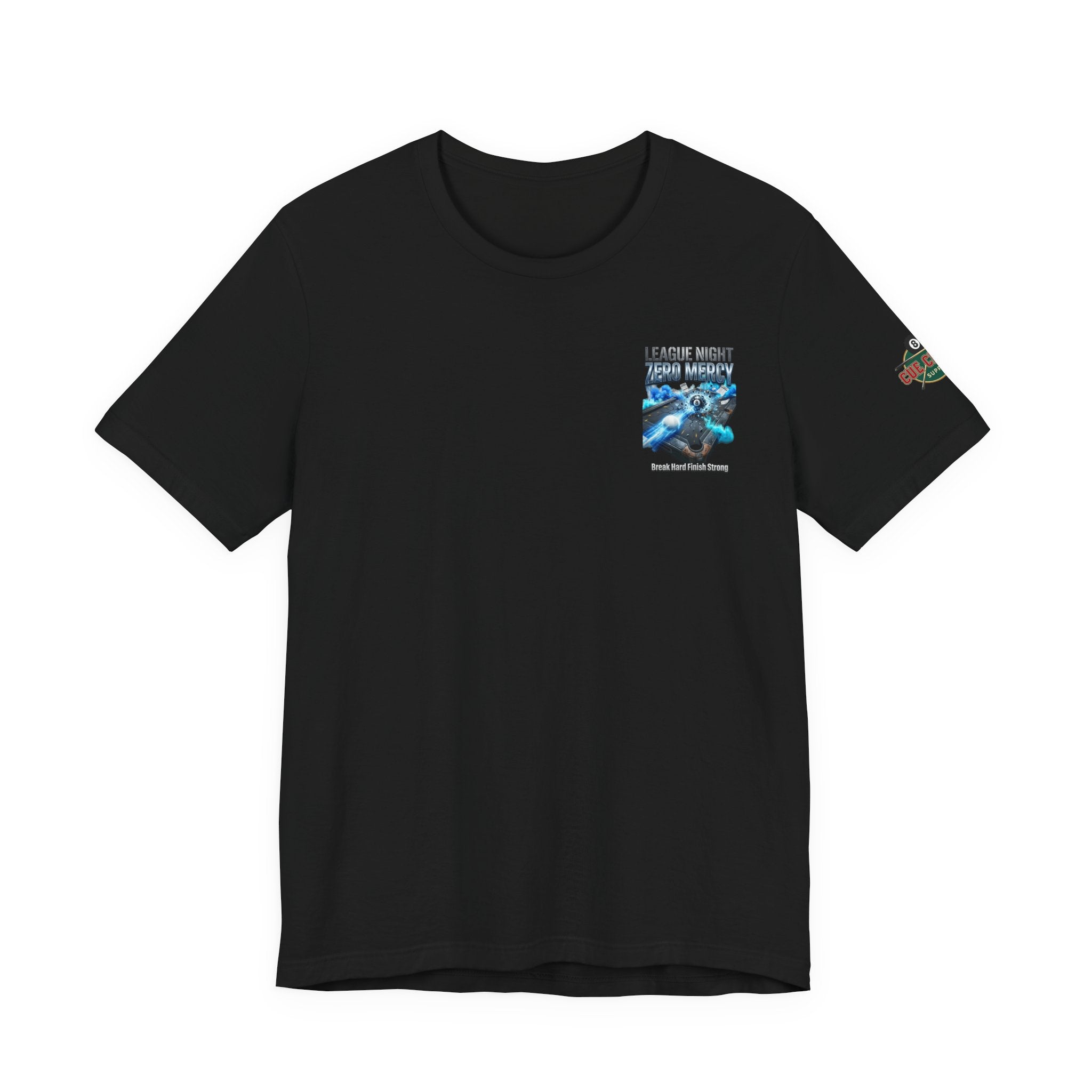 League Night Zero Mercy Pool Player T-Shirt | Funny Billiards League Tee | Front & Back Graphic | Cue Crew Supply
