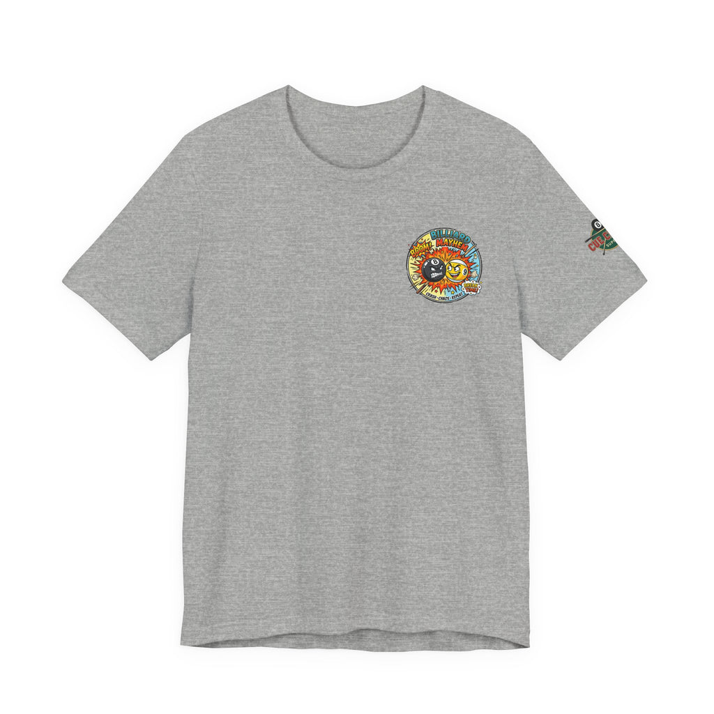 Billiard Mayhem Pool T-Shirt – Comic Style 8 Ball vs 9 Ball Graphic Tee | Cue Crew Supply