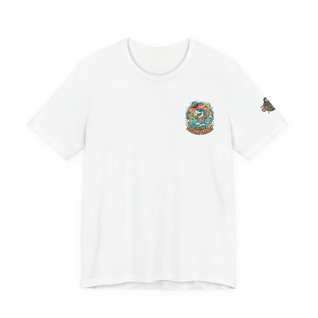 Cue the Feeding Frenzy Shark Billiards T-Shirt | Funny Pool Player Beach Graphic Tee