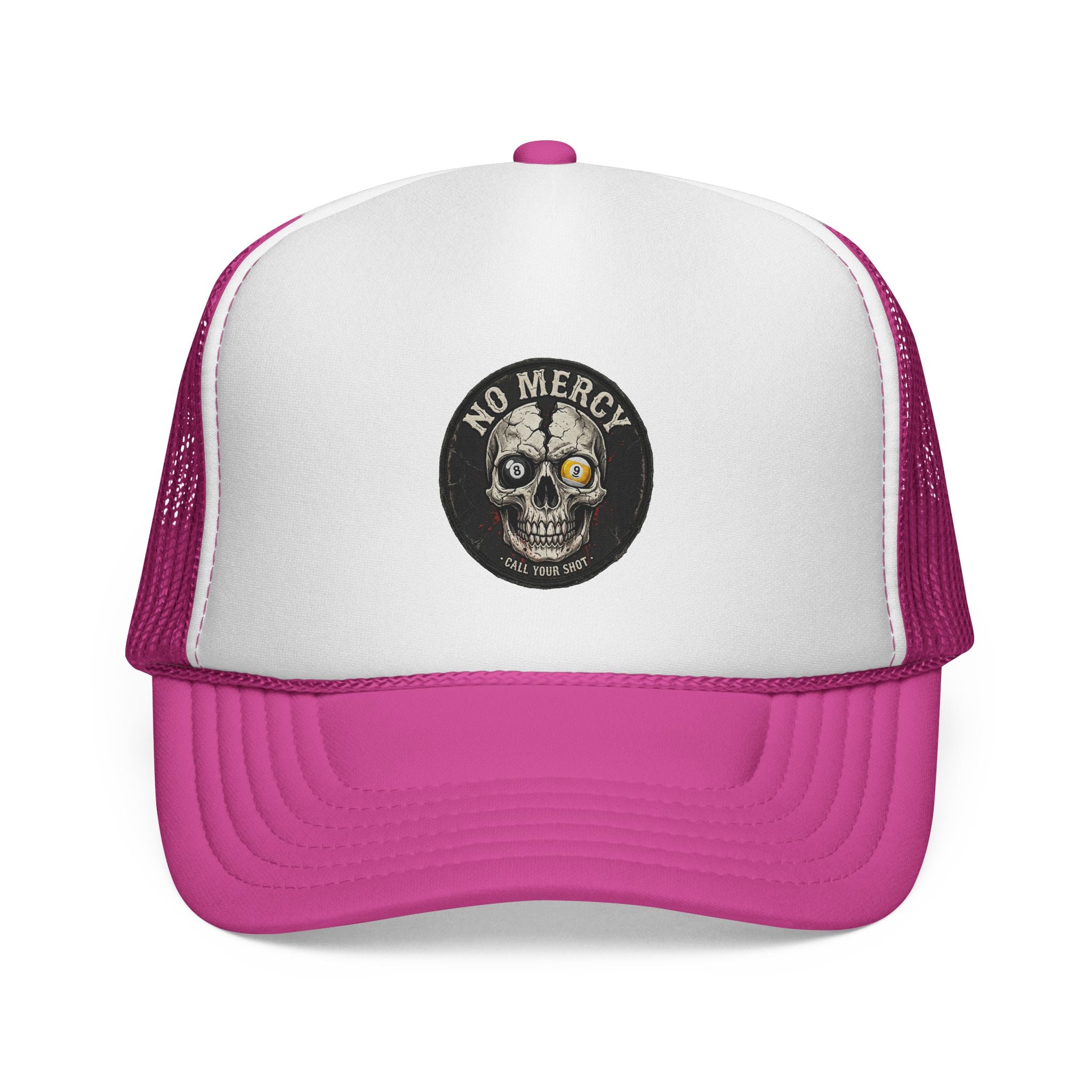 No Mercy Call Your Shot Skull Billiards Trucker Hat | Pool Player Snapback Cap | OTTO 39-165 Foam Mesh Hat
