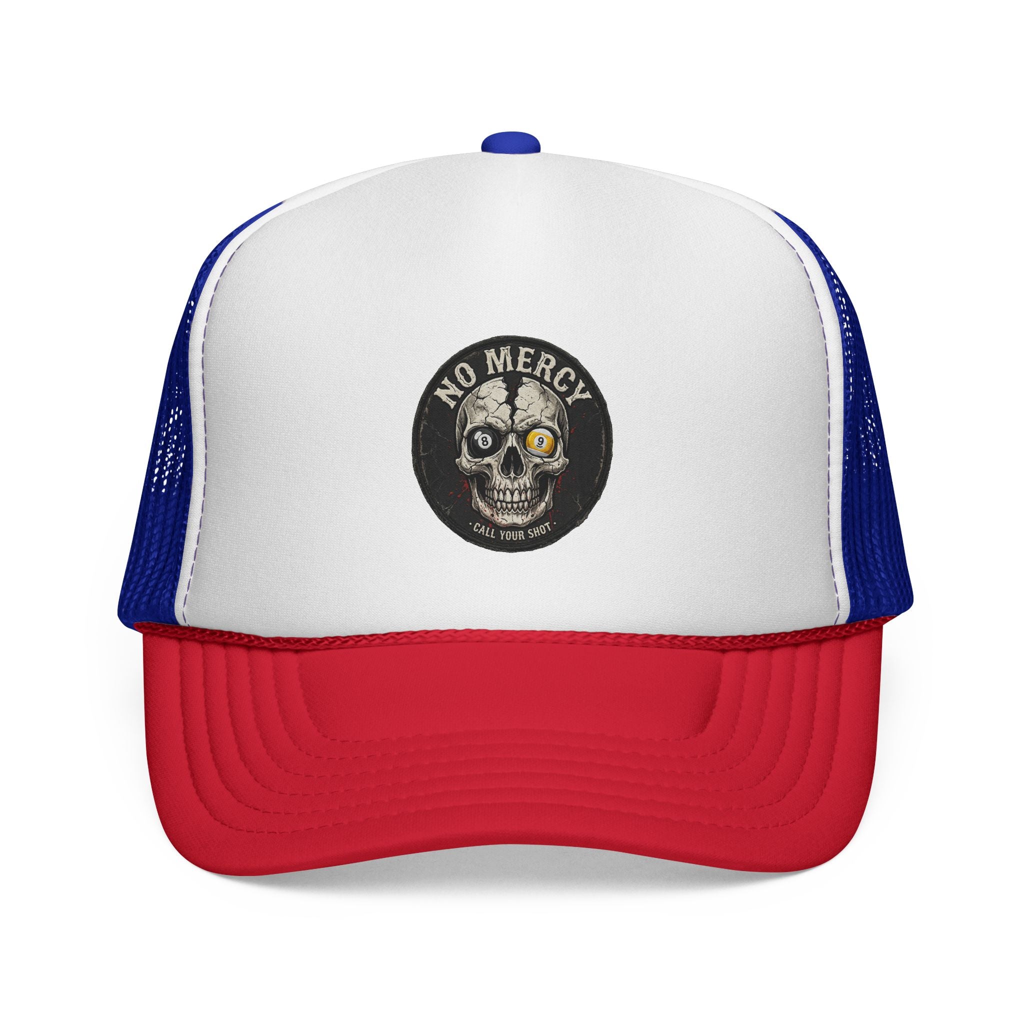 No Mercy Call Your Shot Skull Billiards Trucker Hat | Pool Player Snapback Cap | OTTO 39-165 Foam Mesh Hat