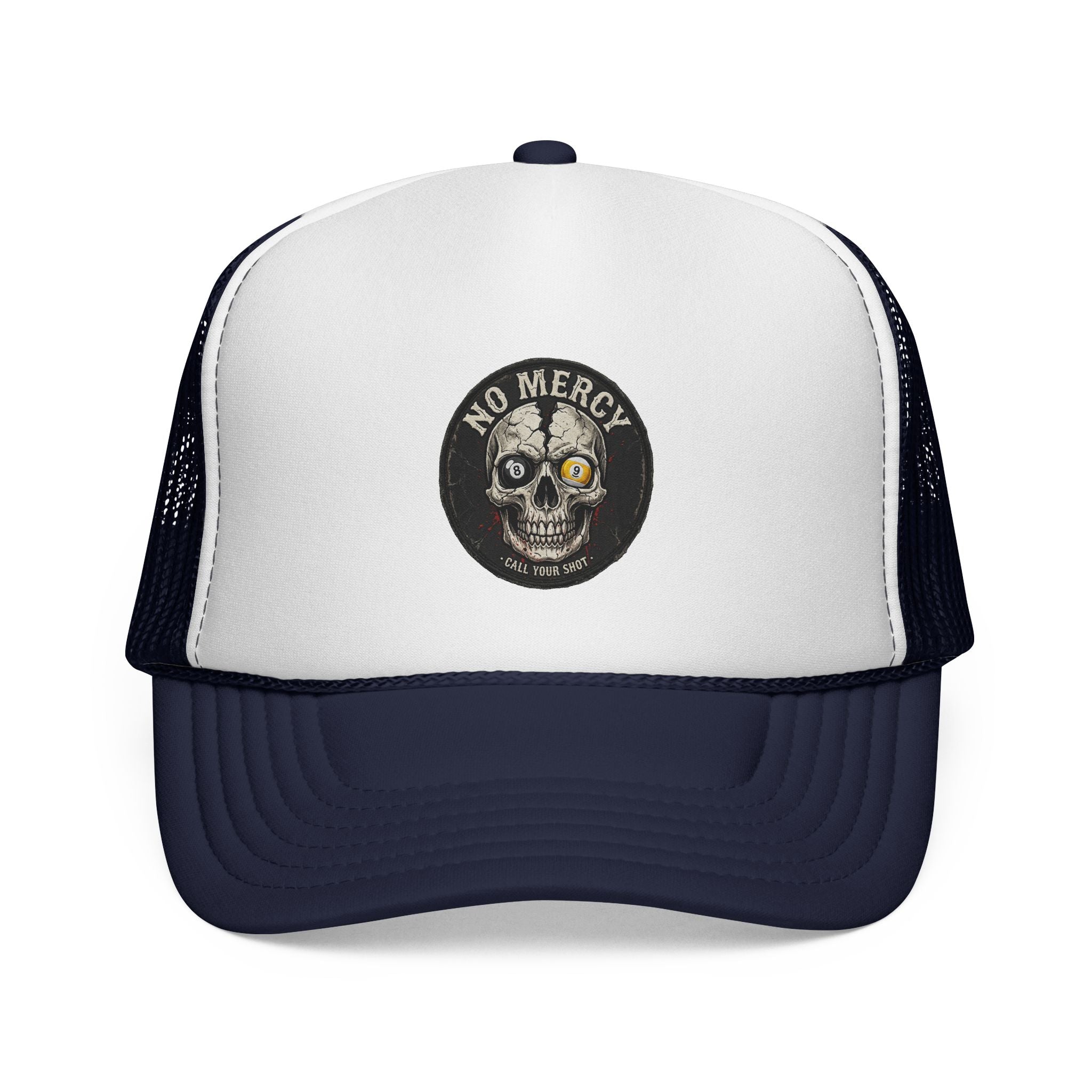 No Mercy Call Your Shot Skull Billiards Trucker Hat | Pool Player Snapback Cap | OTTO 39-165 Foam Mesh Hat