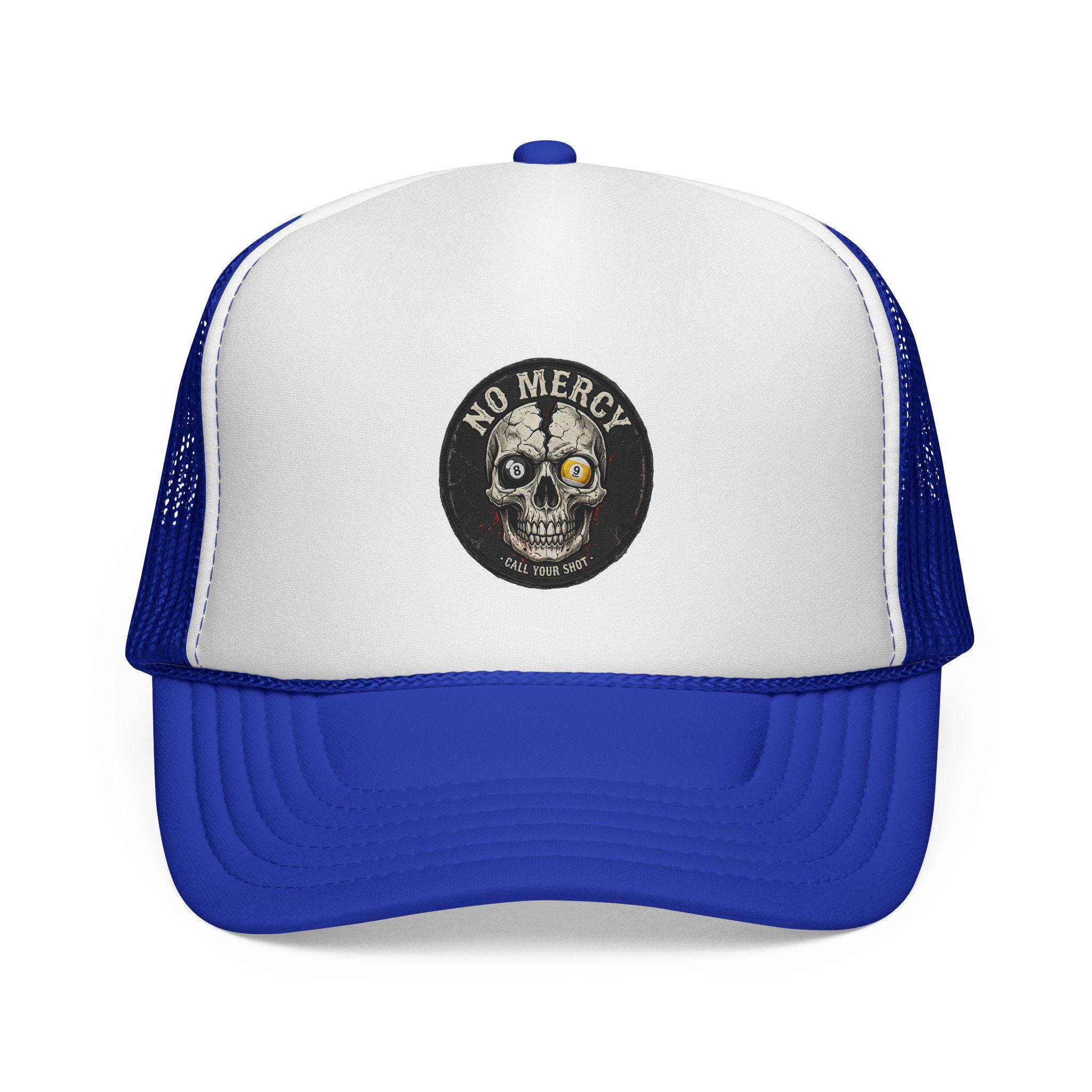 No Mercy Call Your Shot Skull Billiards Trucker Hat | Pool Player Snapback Cap | OTTO 39-165 Foam Mesh Hat