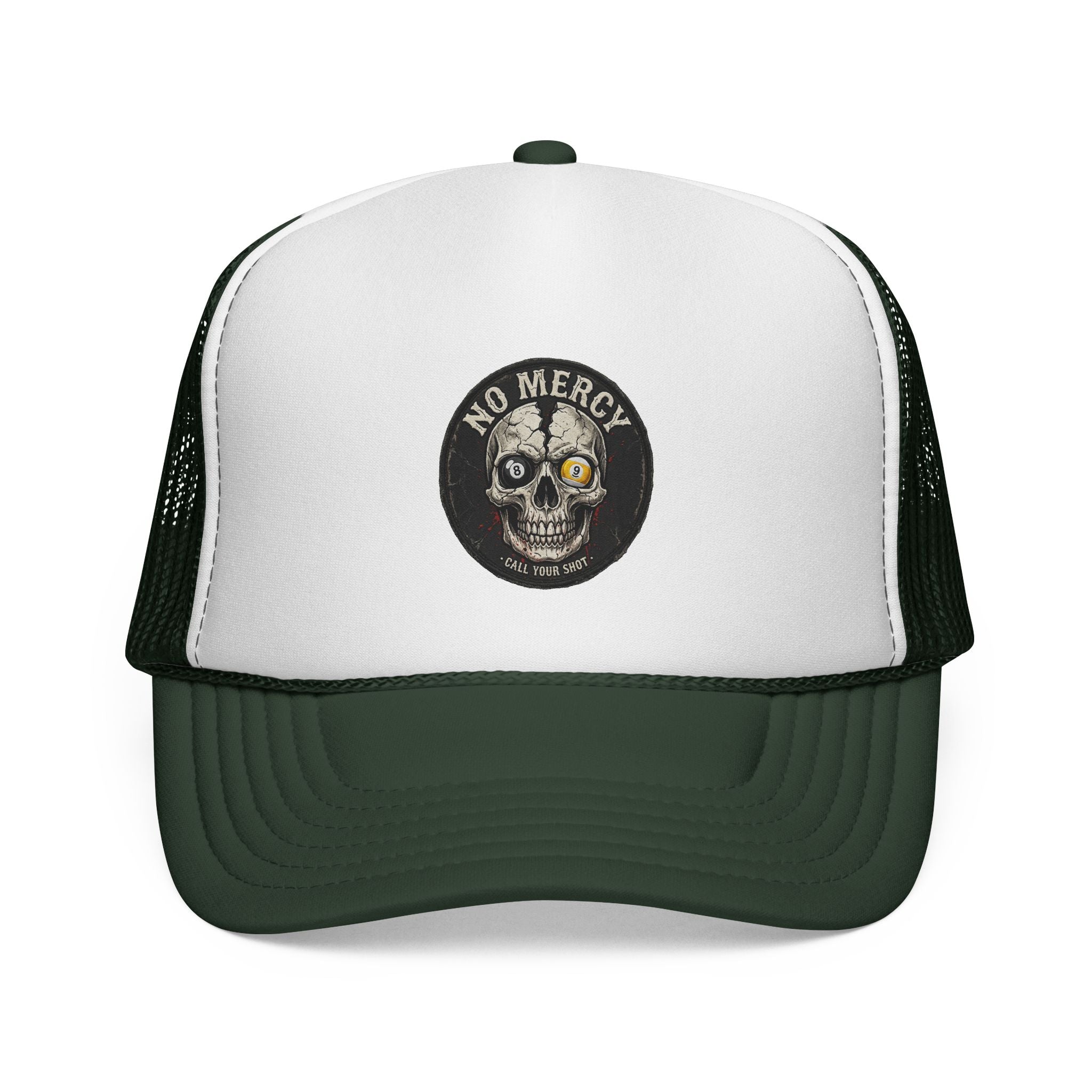 No Mercy Call Your Shot Skull Billiards Trucker Hat | Pool Player Snapback Cap | OTTO 39-165 Foam Mesh Hat