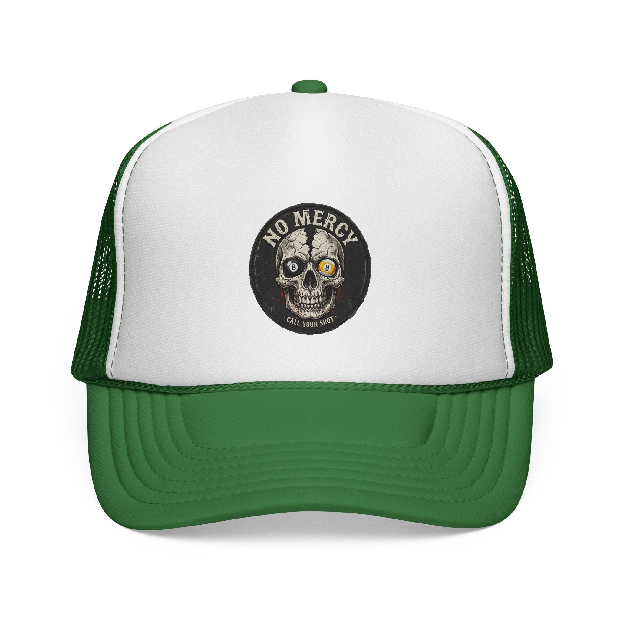 No Mercy Call Your Shot Skull Billiards Trucker Hat | Pool Player Snapback Cap | OTTO 39-165 Foam Mesh Hat