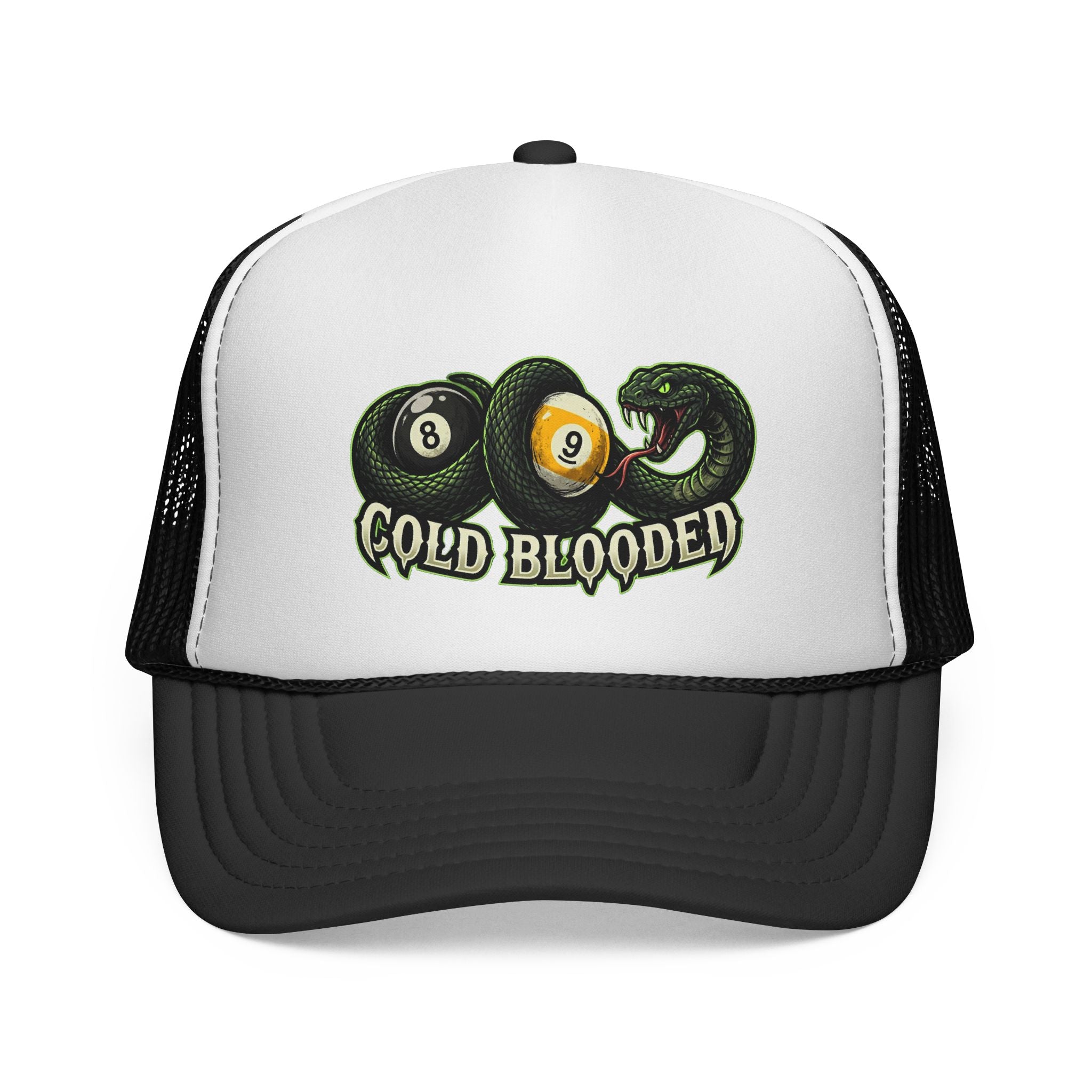 Cold Blooded Snake & 8 Ball 9 Ball Billiards Trucker Hat | OTTO 39-165 Foam Snapback Pool Player Cap