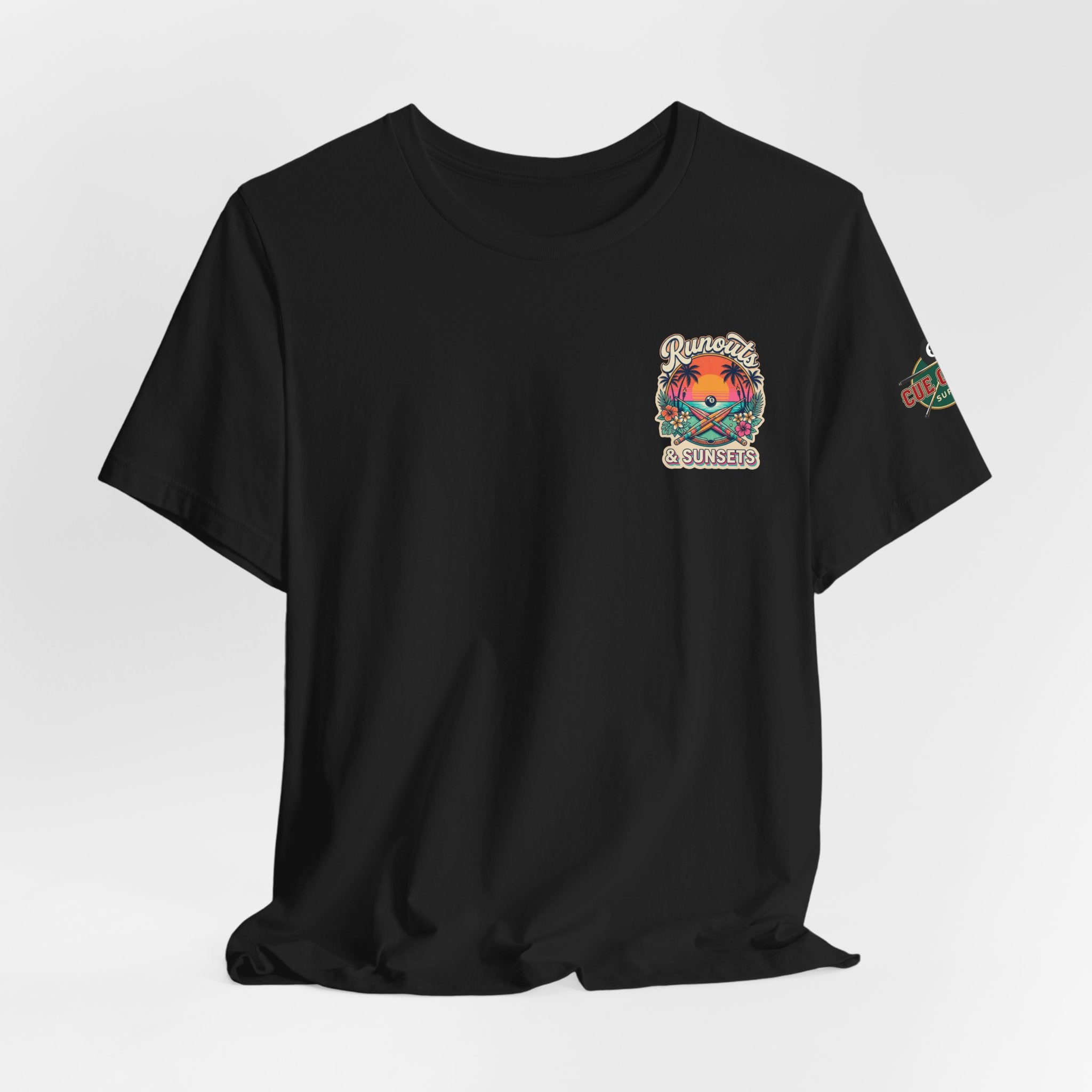 Runouts & Sunsets Pool Player T-Shirt – Tropical Billiards Graphic Tee with Front & Back Print | Cue Crew Supply