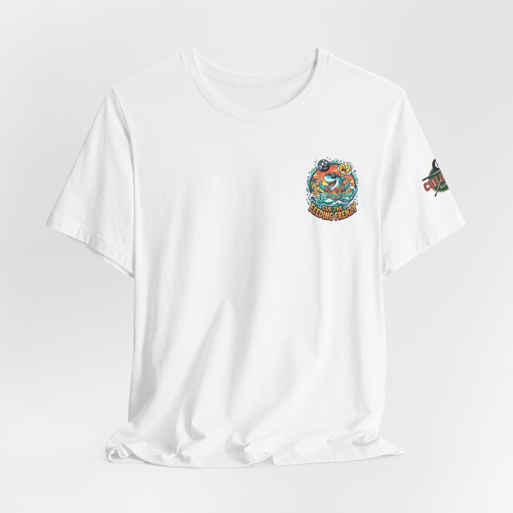 Cue the Feeding Frenzy Shark Billiards T-Shirt | Funny Pool Player Beach Graphic Tee