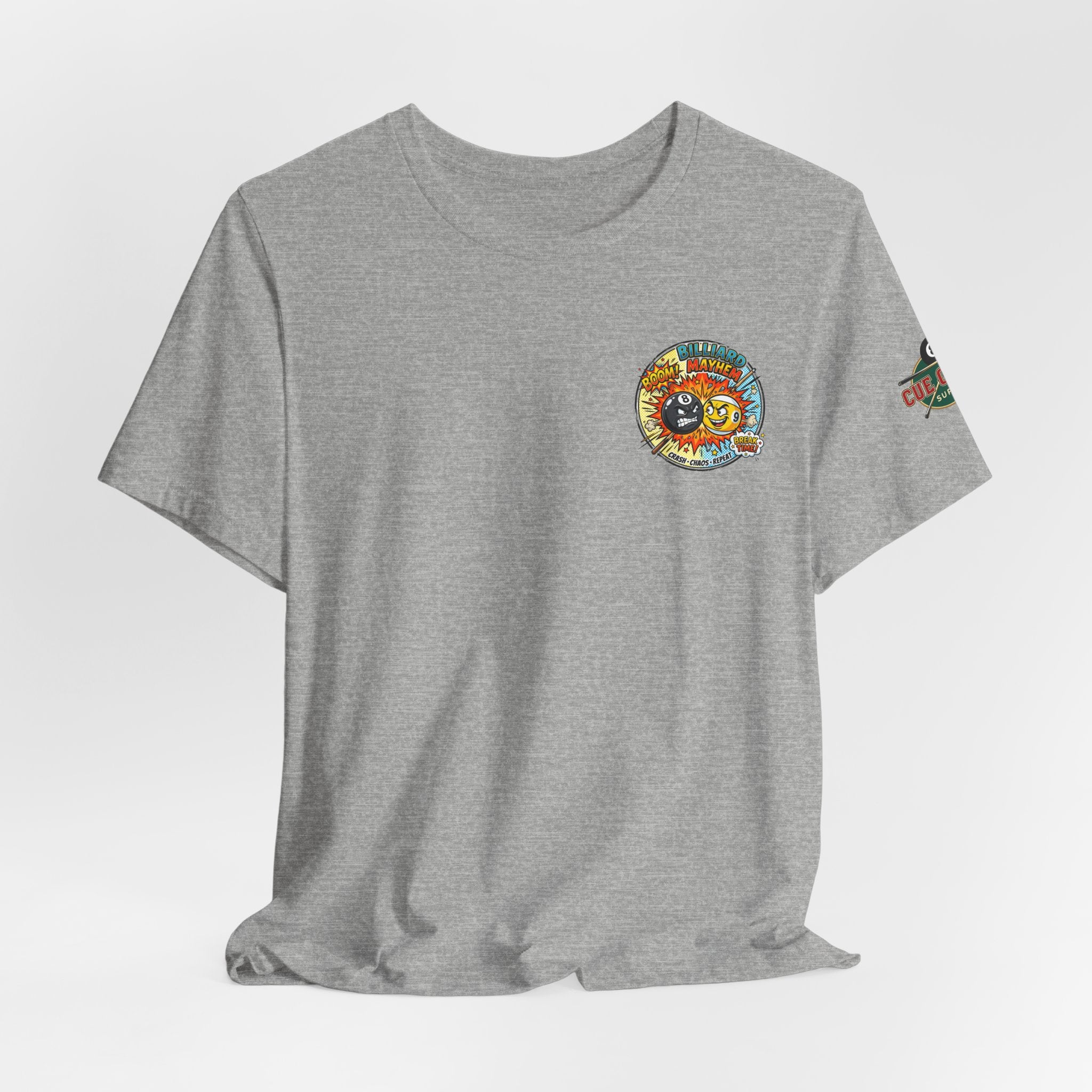 Billiard Mayhem Pool T-Shirt – Comic Style 8 Ball vs 9 Ball Graphic Tee | Cue Crew Supply
