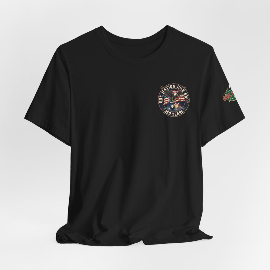 One Nation One Shot – 250 Years Patriotic Billiards T-Shirt | Eagle & American Flag Pool Tee