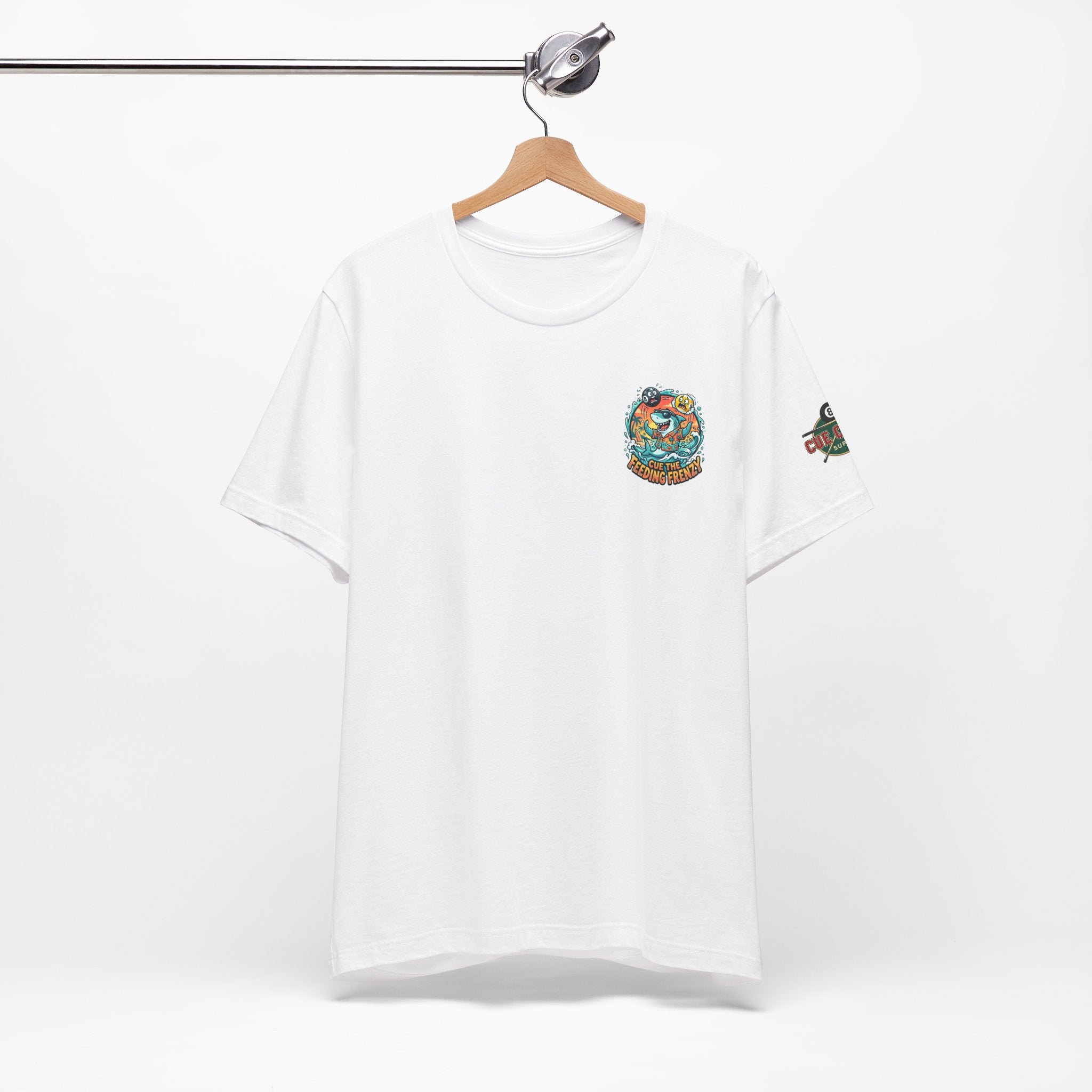 Cue the Feeding Frenzy Shark Billiards T-Shirt | Funny Pool Player Beach Graphic Tee