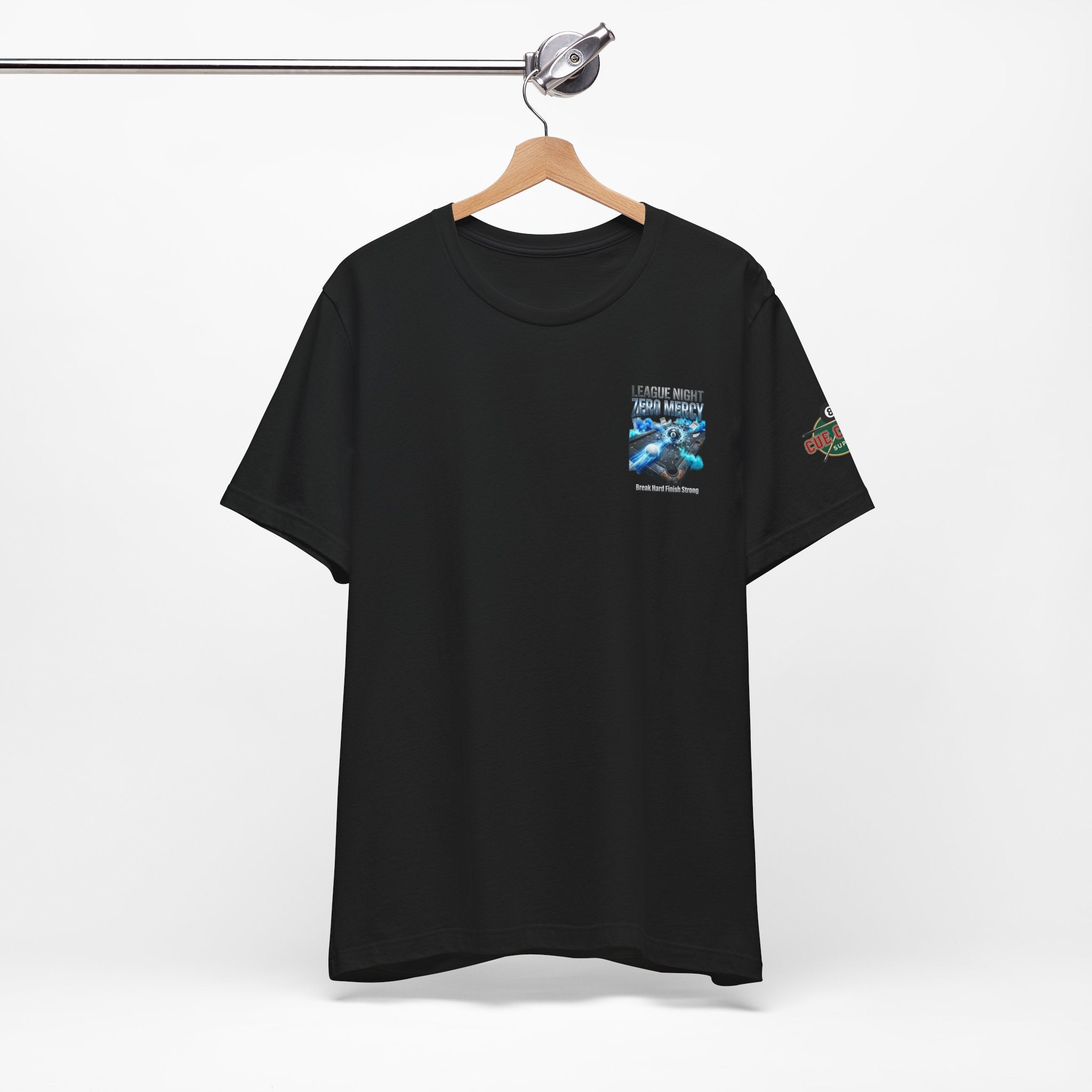 League Night Zero Mercy Pool Player T-Shirt | Funny Billiards League Tee | Front & Back Graphic | Cue Crew Supply