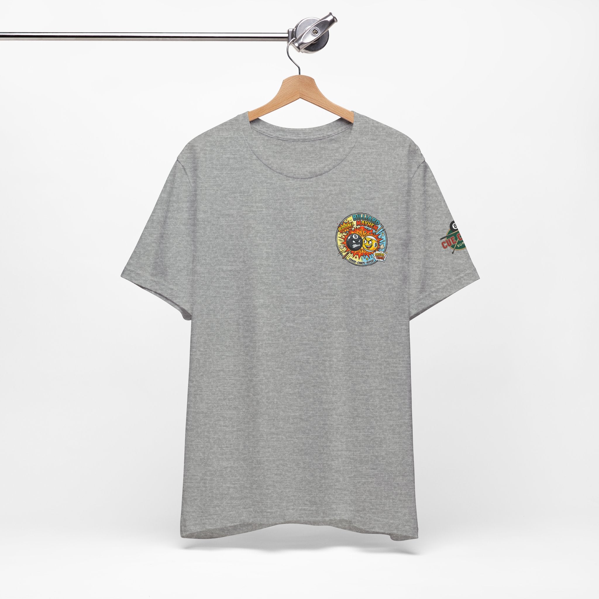 Billiard Mayhem Pool T-Shirt – Comic Style 8 Ball vs 9 Ball Graphic Tee | Cue Crew Supply
