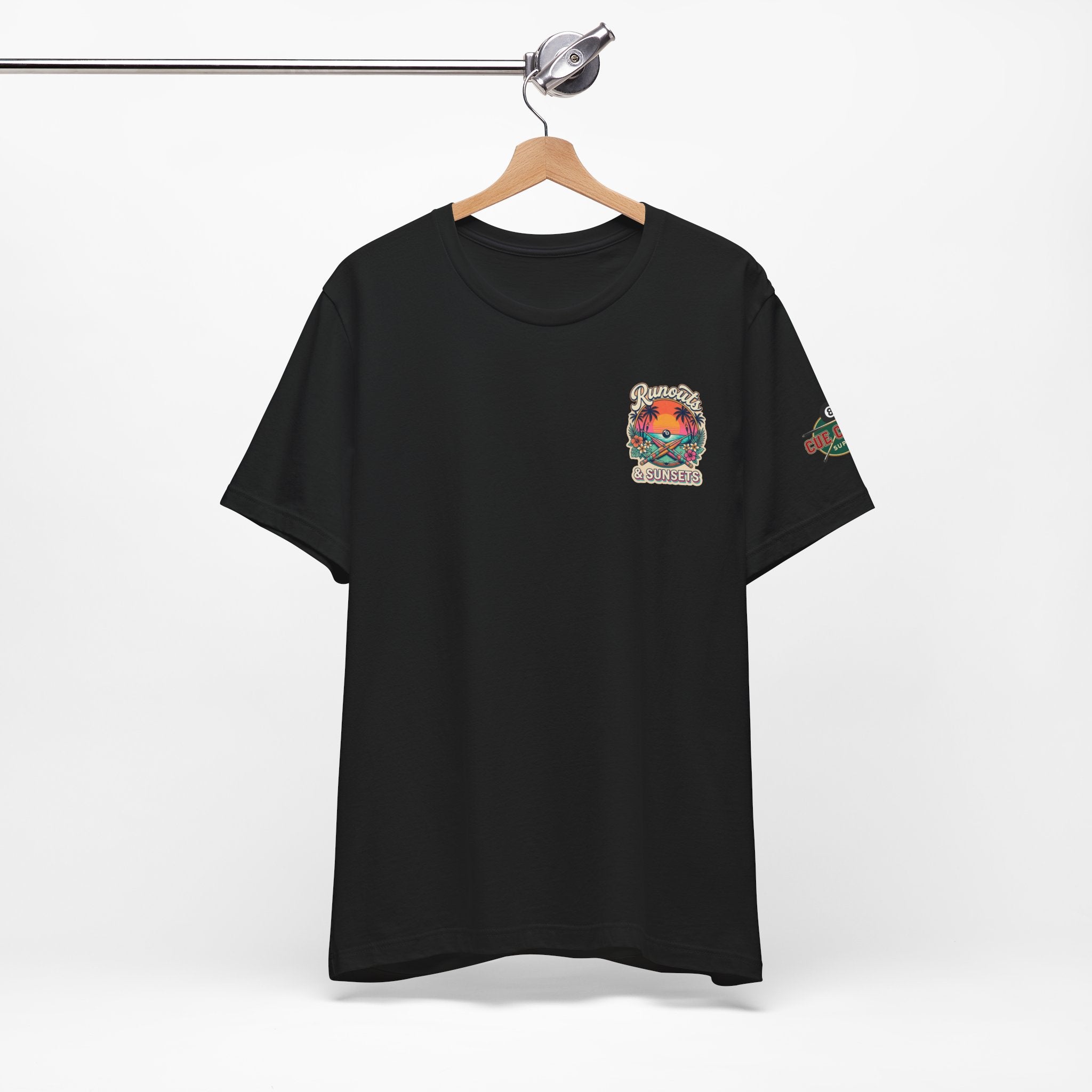 Runouts & Sunsets Pool Player T-Shirt – Tropical Billiards Graphic Tee with Front & Back Print | Cue Crew Supply