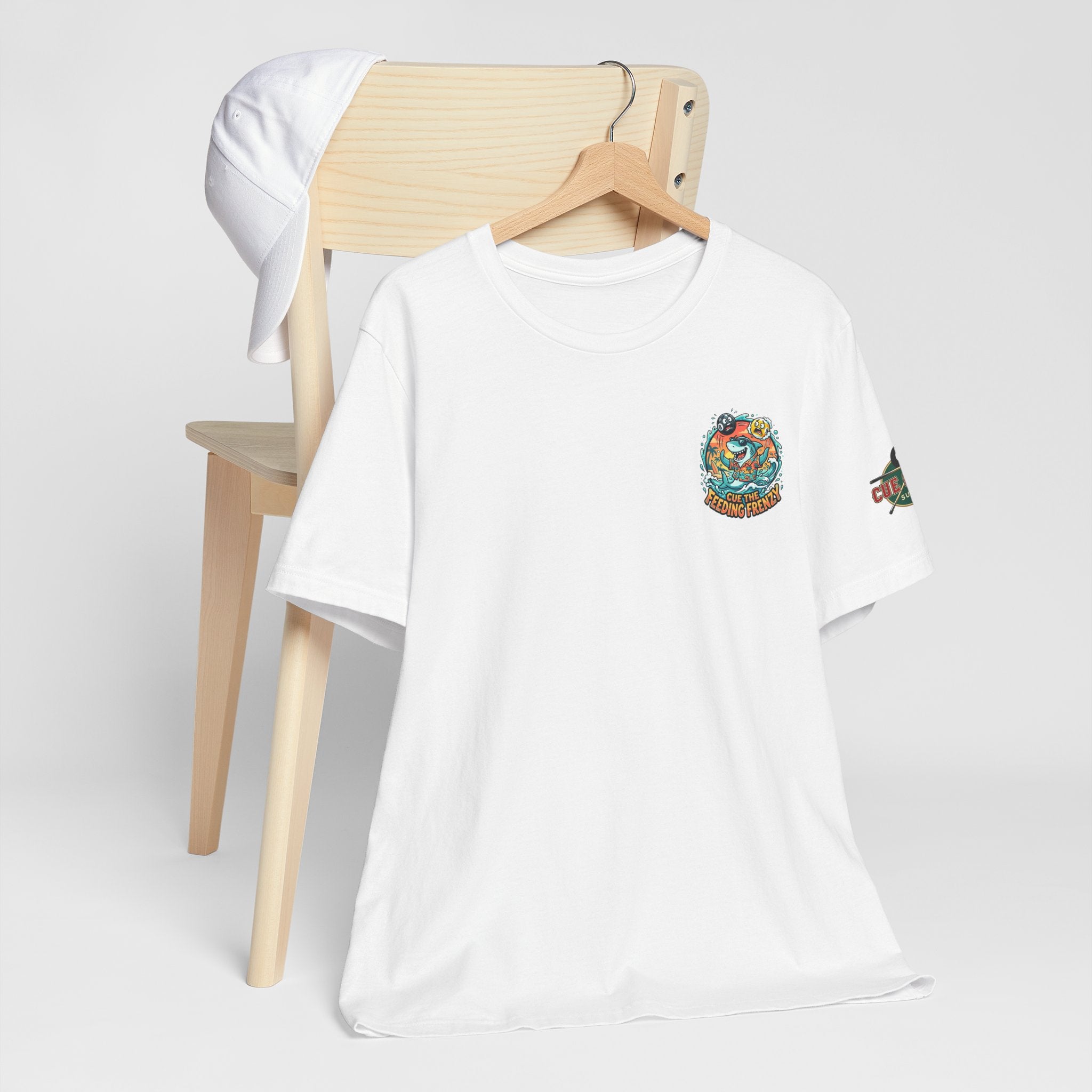 Cue the Feeding Frenzy Shark Billiards T-Shirt | Funny Pool Player Beach Graphic Tee