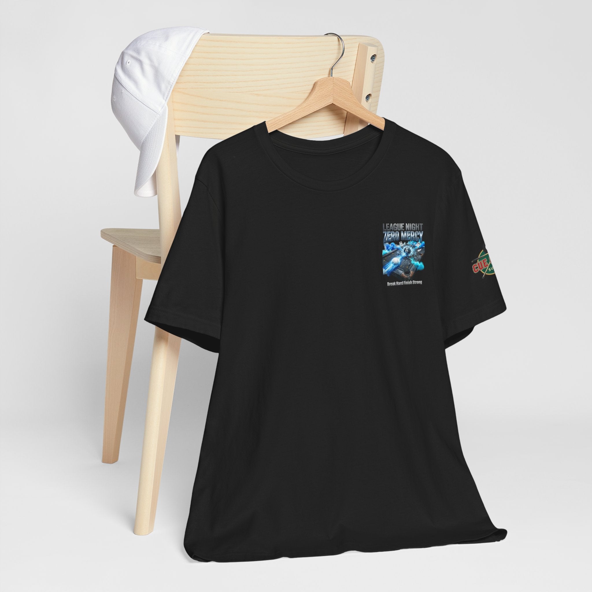 League Night Zero Mercy Pool Player T-Shirt | Funny Billiards League Tee | Front & Back Graphic | Cue Crew Supply