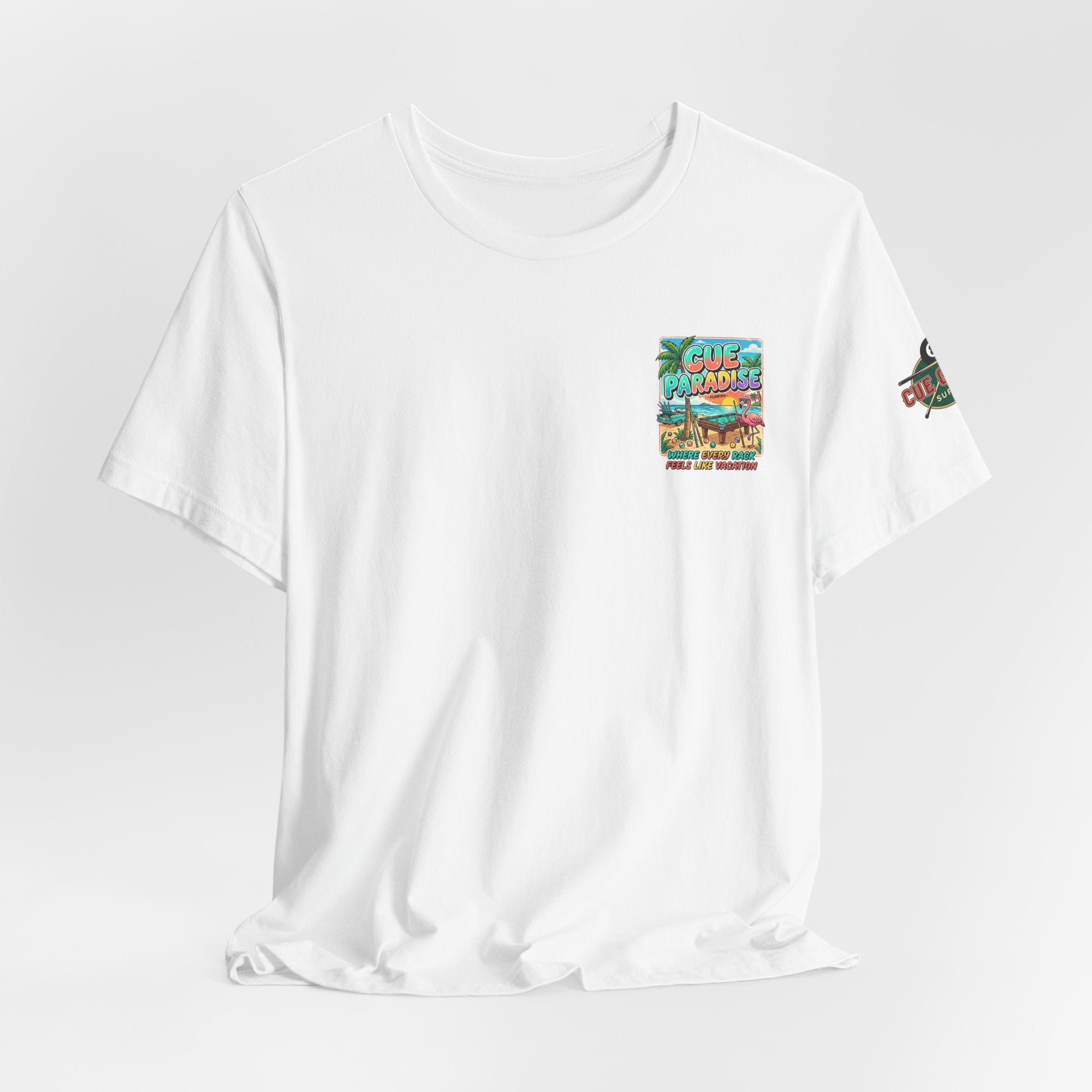 Cue Paradise Florida Pool Player T-Shirt | Tropical Beach Billiards Graphic Tee | Front & Back Print | Cue Crew Supply