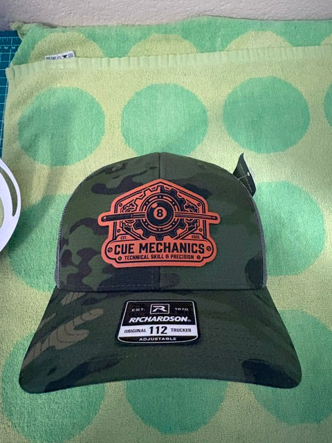 Cue Mechanics Tactical 8-Ball Richardson 112PT Printed Trucker Hat – Tropic Camo/Loden Ripstop Snapback Leather Patch Cap