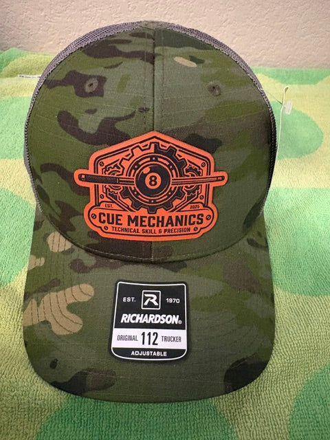 Cue Mechanics Tactical 8-Ball Richardson 112PT Printed Trucker Hat – Tropic Camo/Loden Ripstop Snapback Leather Patch Cap