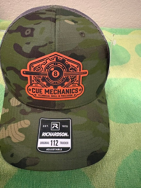 Cue Mechanics Tactical 8-Ball Richardson 112PT Printed Trucker Hat – Tropic Camo/Loden Ripstop Snapback Leather Patch Cap